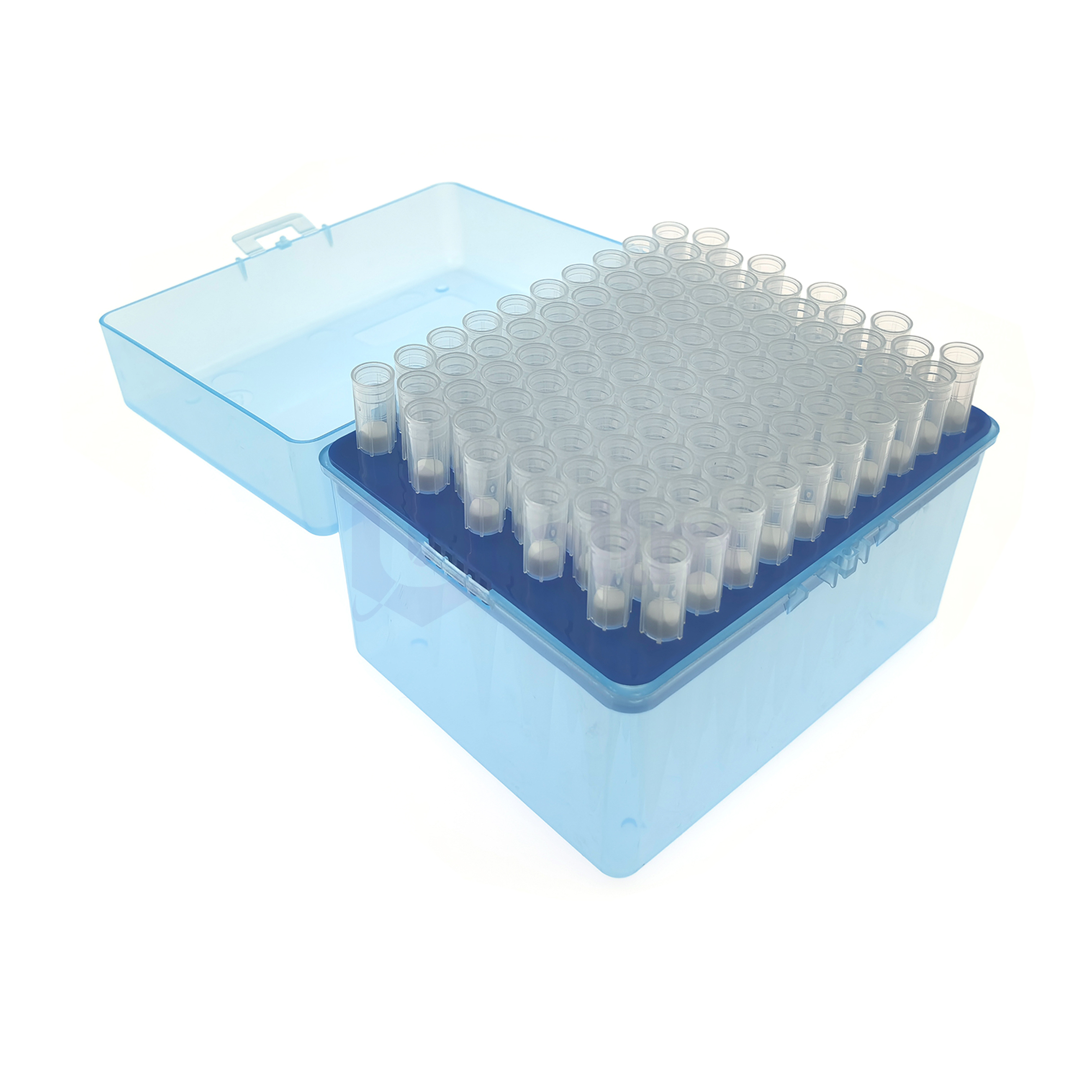 1000µL Low Retention Filter Pipette Tips, Clear, Filtered, Sterile, Racked-3 Blue plastic storage box with a tray holding many clear microcentrifuge tubes in rows in a lab setup.