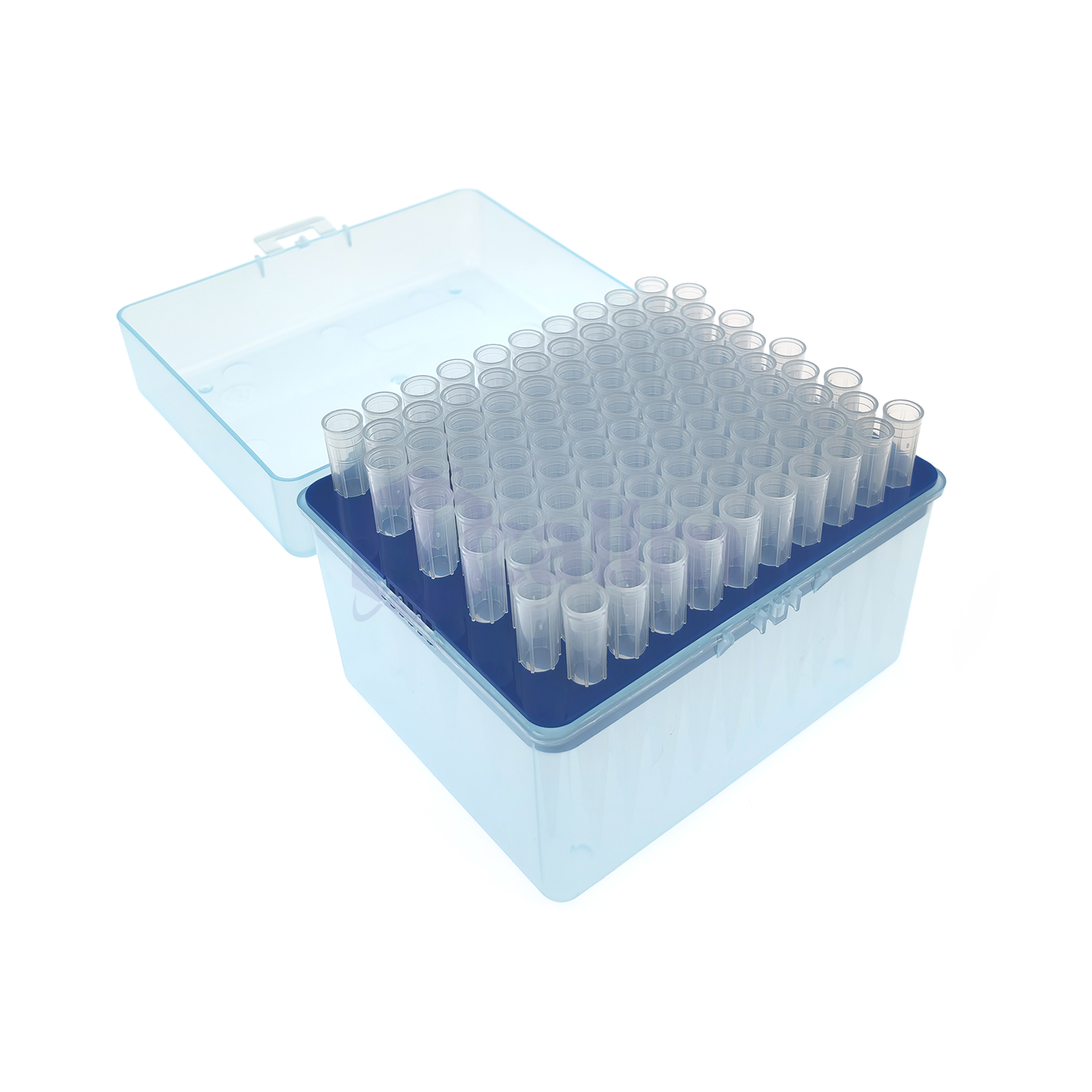 1000µL Low Retention Pipette Tips, Clear, Non-filtered, Sterile, Racked-3 Blue laboratory tub rack holding many clear microcentrifuge tubes in a transparent container, viewed from above