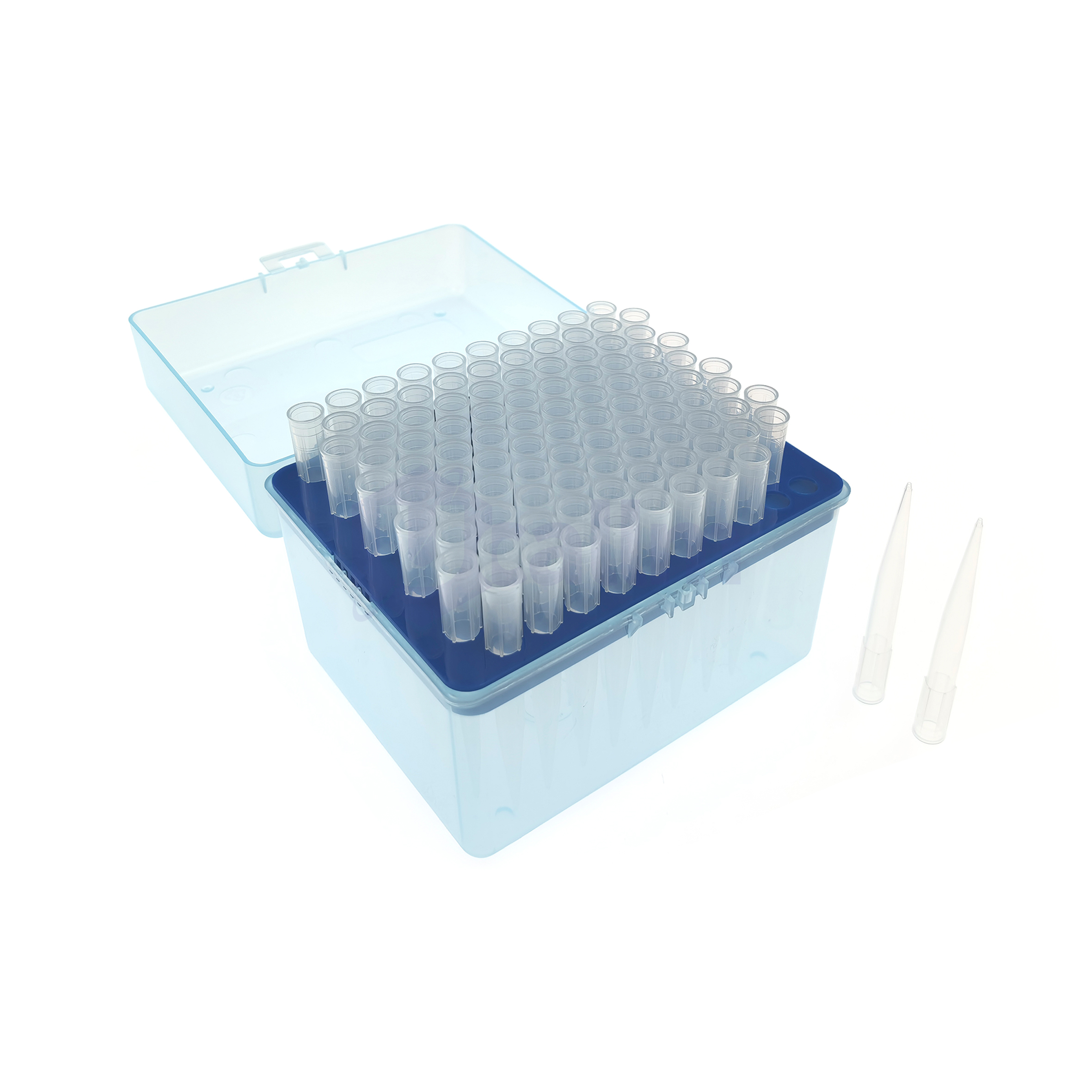 1000µL Low Retention Pipette Tips, Clear, Non-filtered, Sterile, Racked-4 Blue lab storage box opened to reveal rows of clear microcentrifuge tubes in a rack, on a white background.