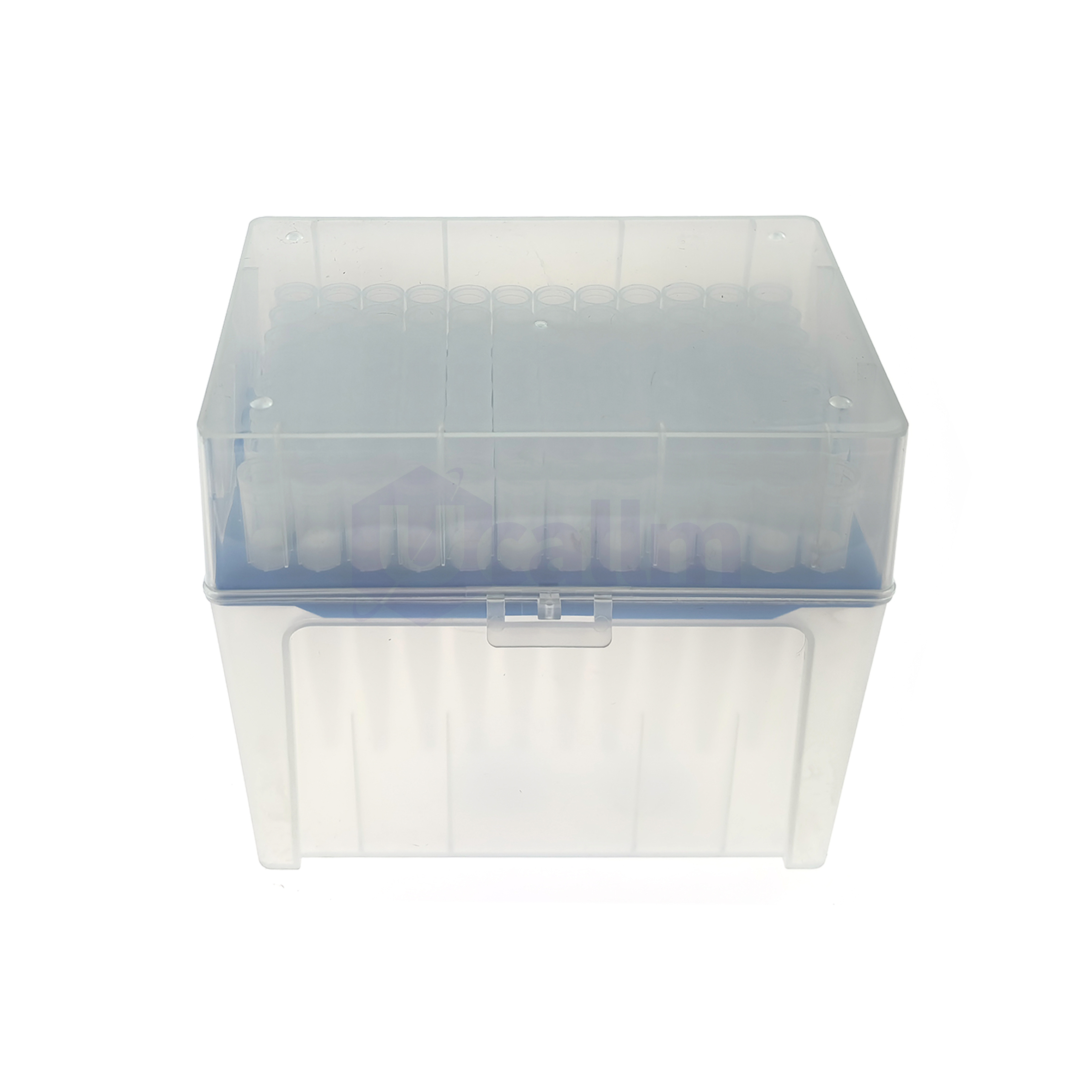 1000µL Low Retention Wide-bore Filter Pipette Tips, Clear, Filtered, Sterile, Racked-1 Clear plastic storage box with a lid, containing a row of small 1.5 mL microcentrifuge tubes arranged in a rack.
