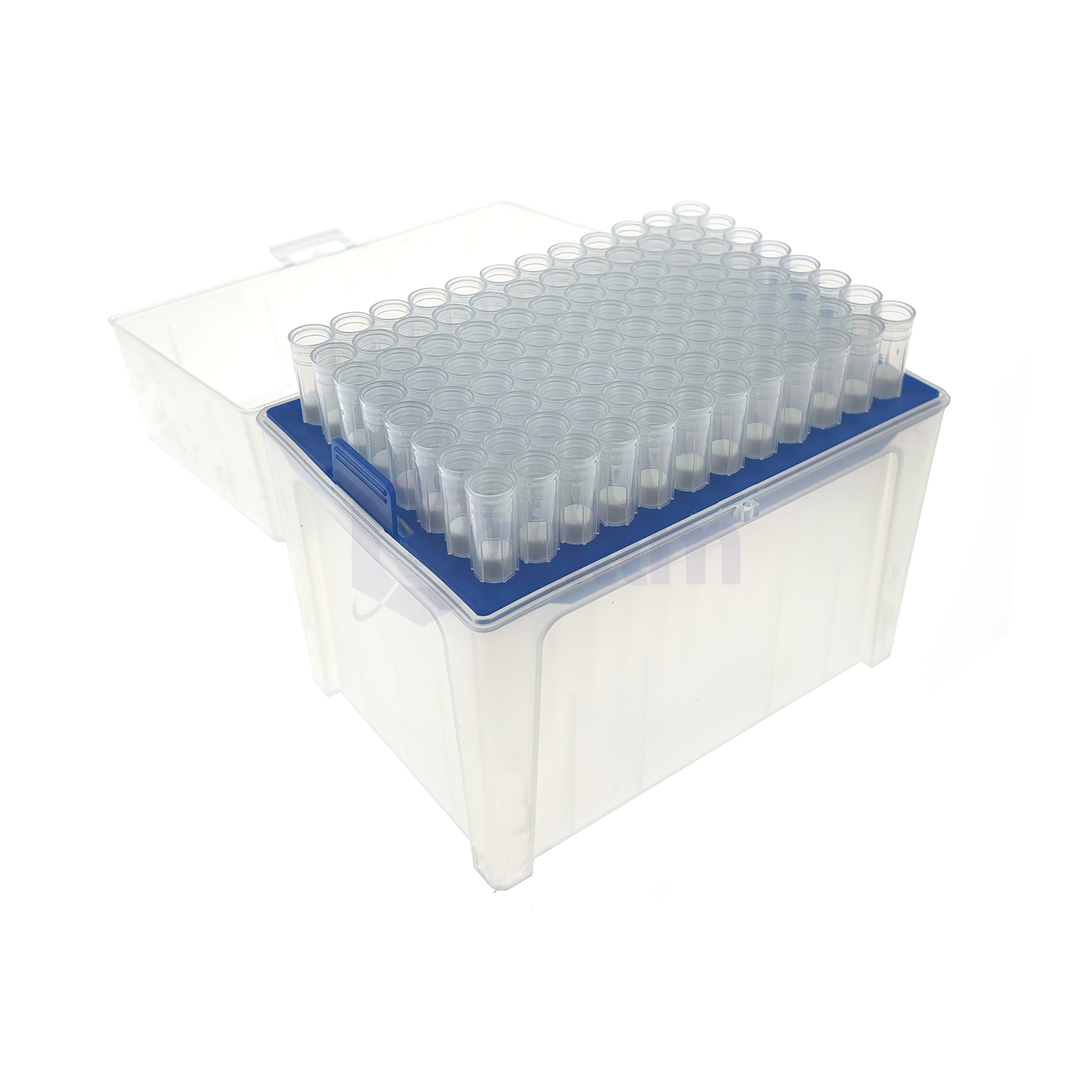 1000µL Low Retention Wide-bore Filter Pipette Tips, Clear, Filtered, Sterile, Racked-3 Clear plastic storage box holding a rack of empty 1.5 mL microcentrifuge tubes aligned in rows (lab storage)