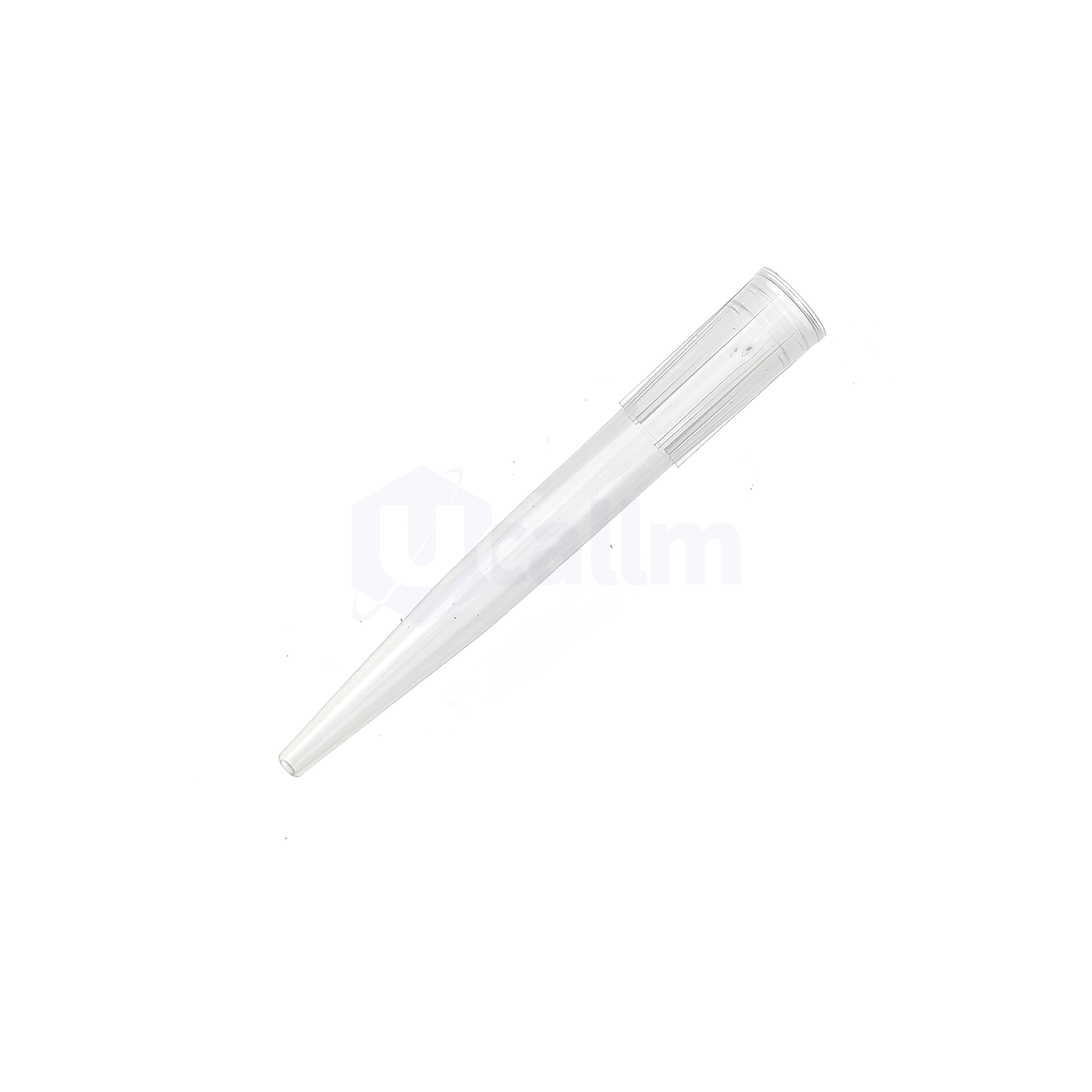 1000µL Low Retention Wide-bore Pipette Tips, Clear, Non-filtered, Non-sterile, Bagged-3 Clear plastic laboratory pipette viewed at an angle on a white background, showing measurement ridges along its body.