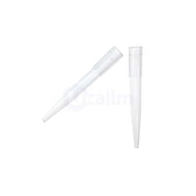Two clear plastic test tubes with white caps on a white background, one angled diagonally in the foreground and one upright in the back area.