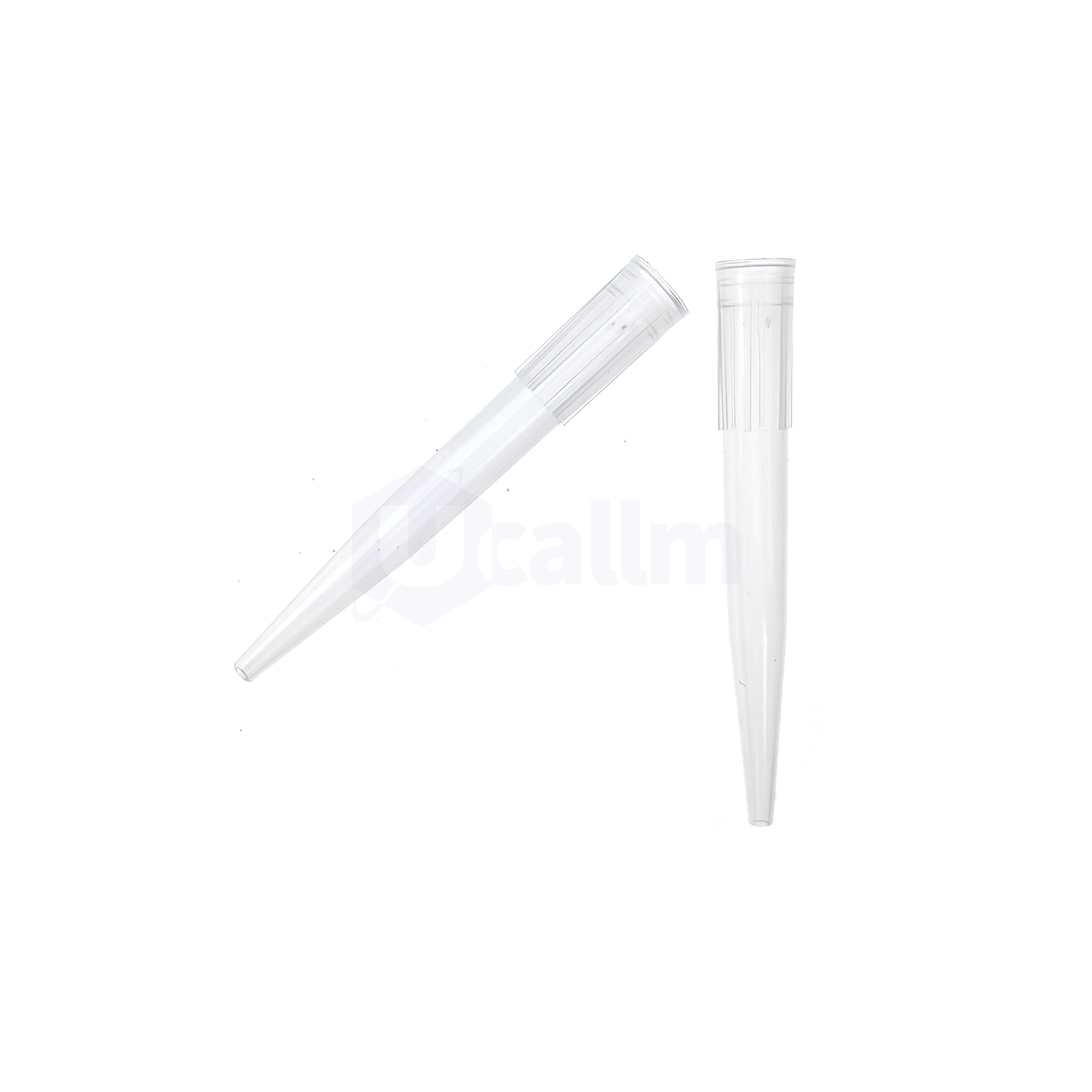 1000µL Low Retention Wide-bore Pipette Tips, Clear, Non-filtered, Non-sterile, Bagged-4 Two clear plastic test tubes with white caps on a white background, one angled diagonally in the foreground and one upright in the back area.