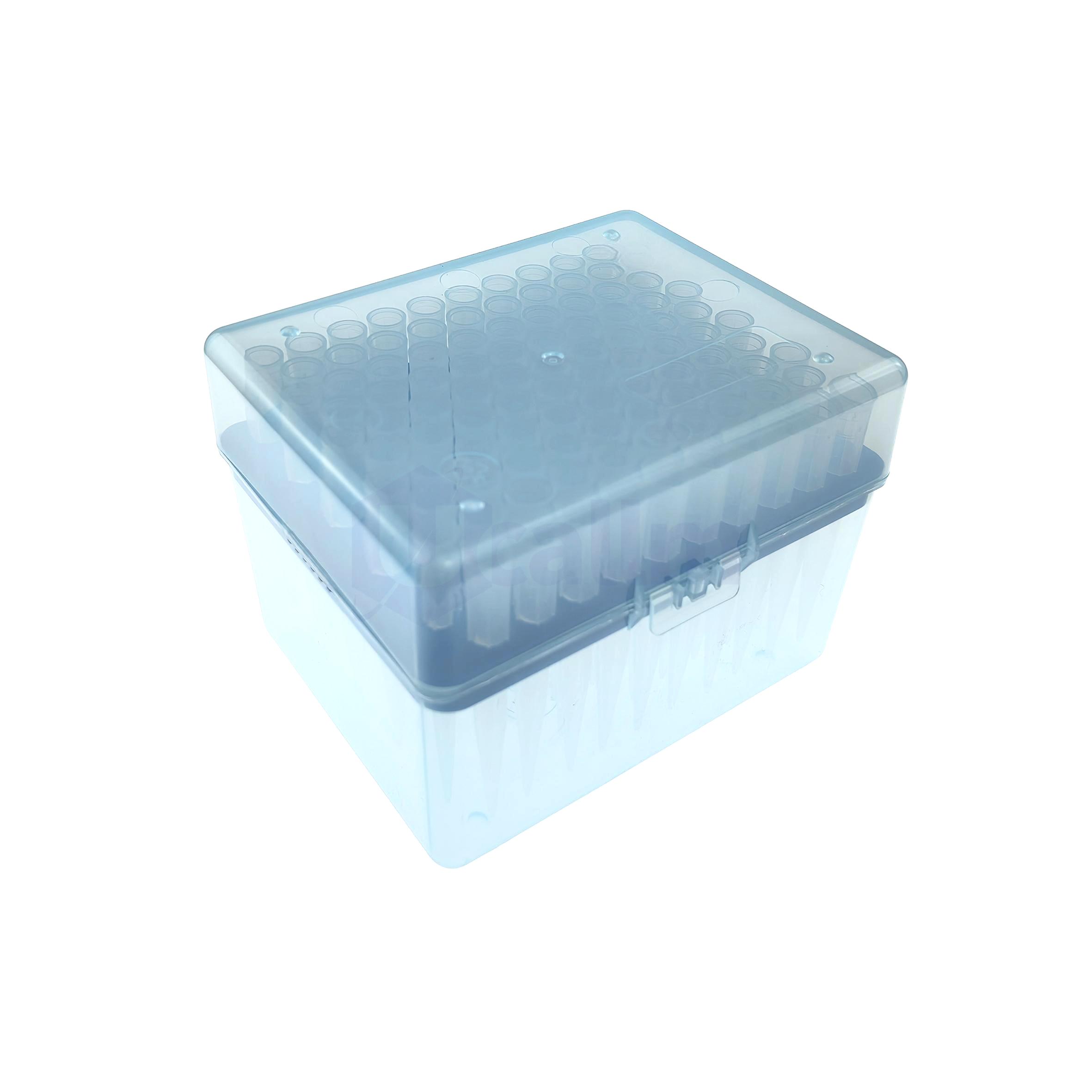 1000µL Pipette Tips, Clear, Non-filtered, Sterile, Racked-2 Blue translucent plastic ice tray filled with water, viewed from an angled corner.