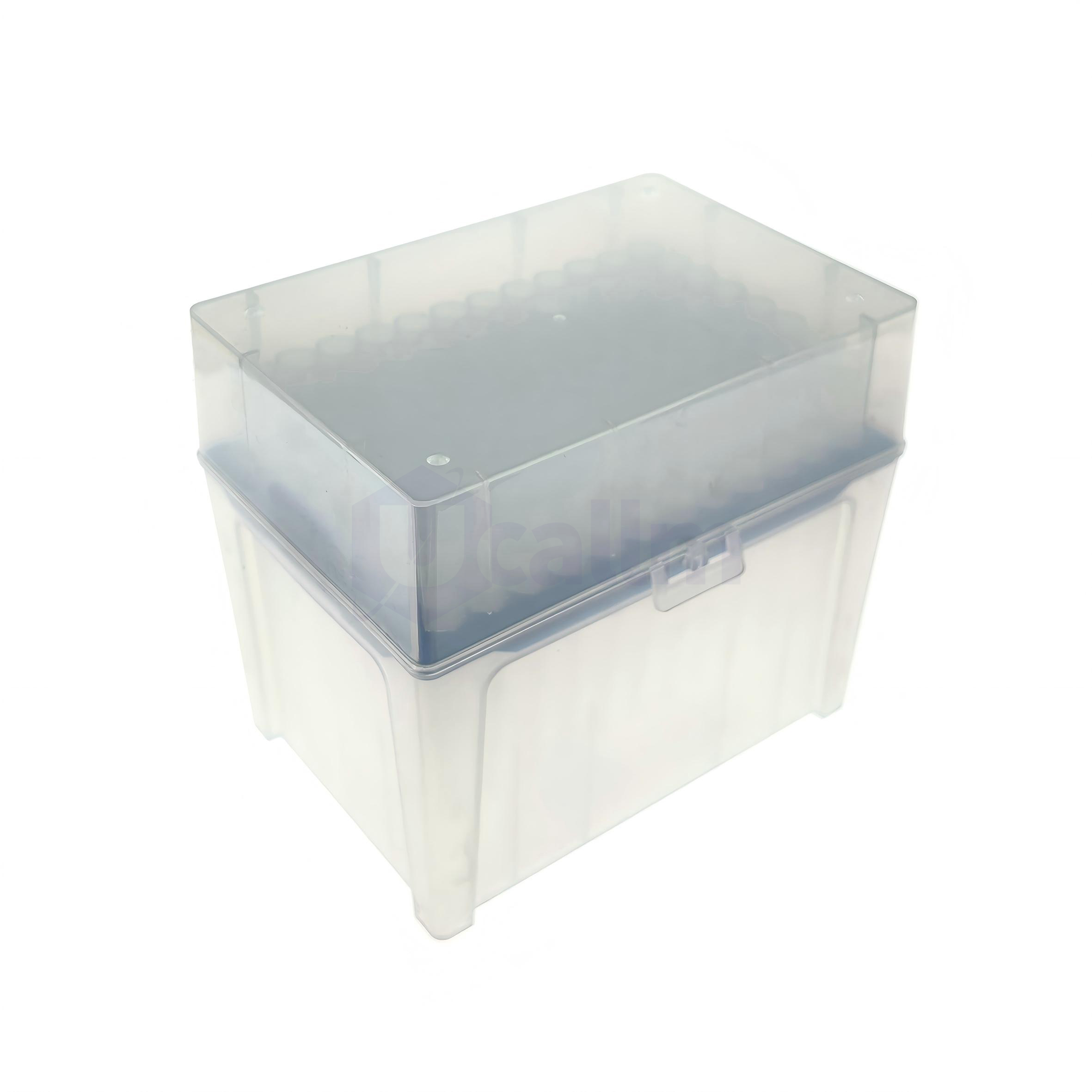 1000µL Wide-bore Filter Pipette Tips, Clear, Filtered, Sterile, Racked-2 Clear plastic storage box with a hinged lid, shown from a corner view for organizing items.