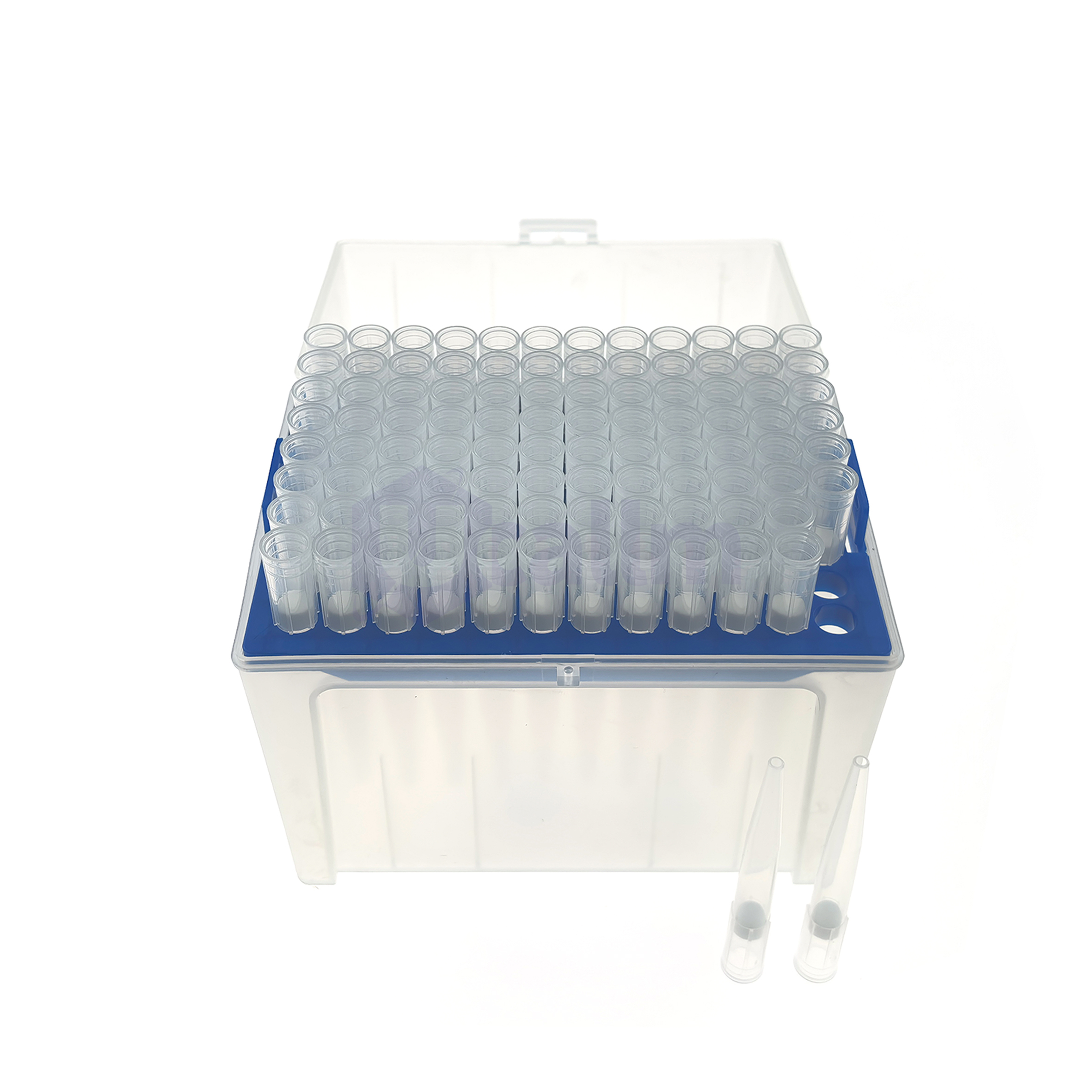 1000µL Wide-bore Filter Pipette Tips, Clear, Filtered, Sterile, Racked-5 Rows of clear microcentrifuge tubes in a blue rack, ready for samples.