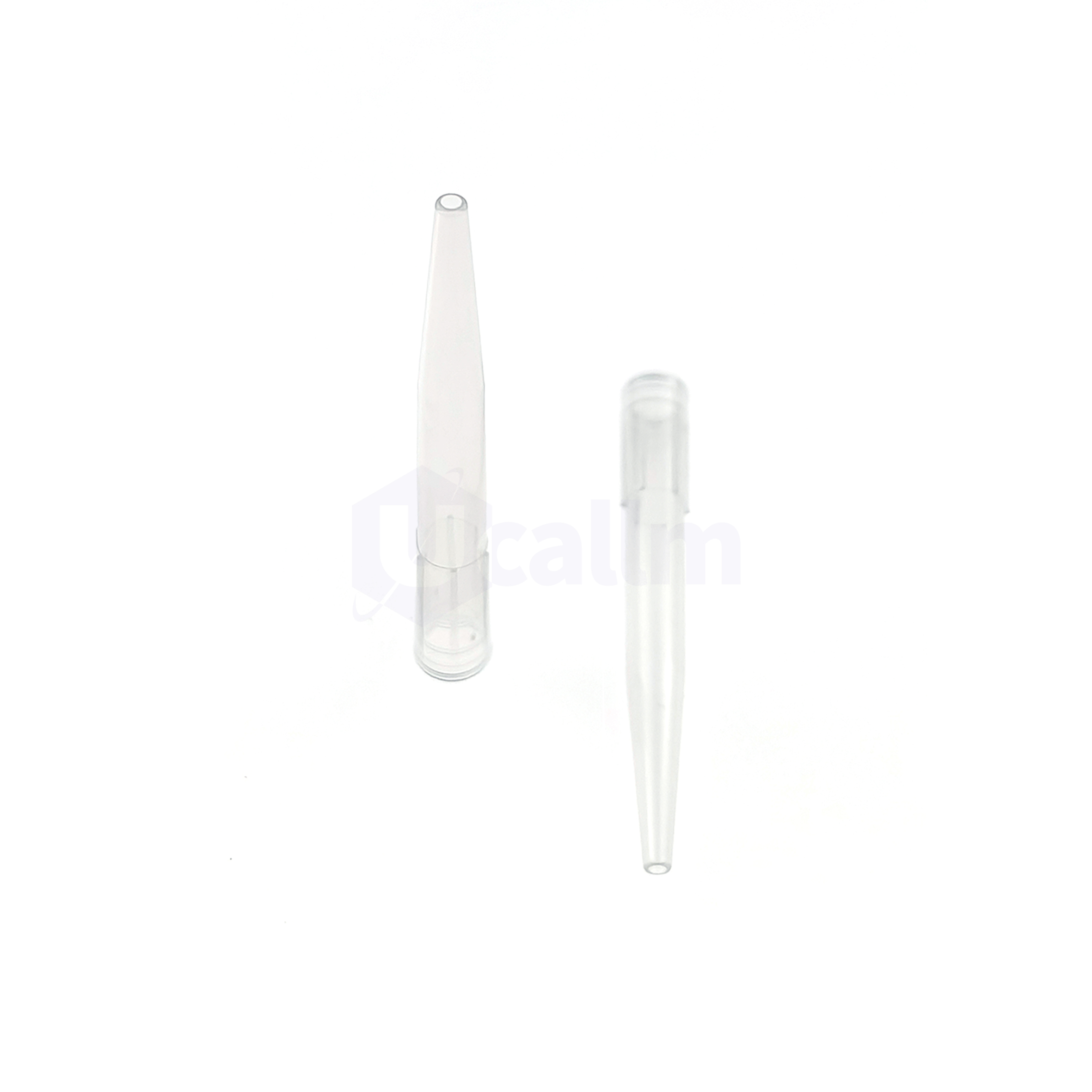 1000µL Wide-bore Pipette Tips, Clear, Non-filtered, Non-sterile, Bagged-1 Close-up of transparent pipette tips standing upright on a white background, showing the narrow tips.