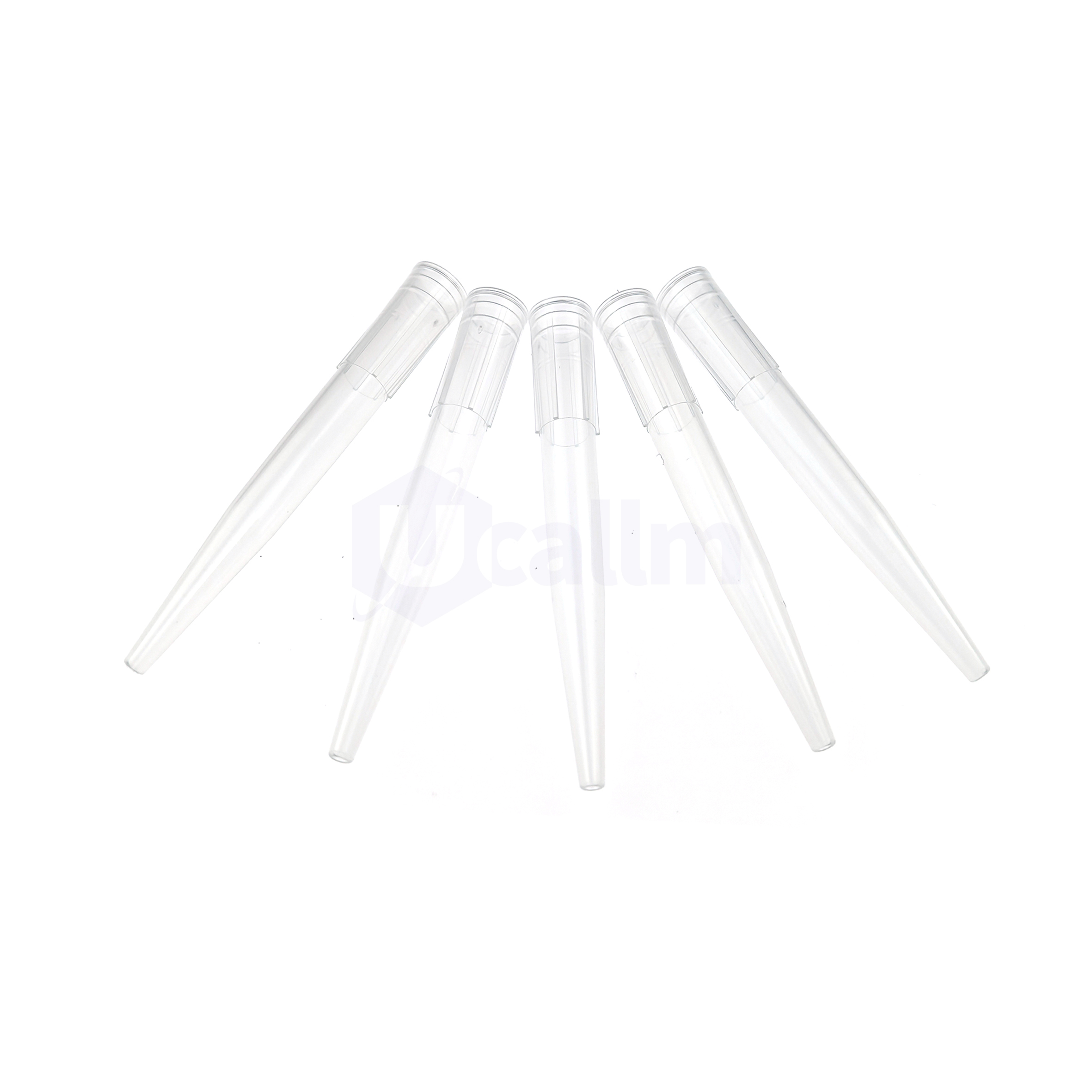1000µL Wide-bore Pipette Tips, Clear, Non-filtered, Non-sterile, Bagged-5 Eight transparent plastic test tubes arranged in a curved fan on a white background, appearing empty and clean.