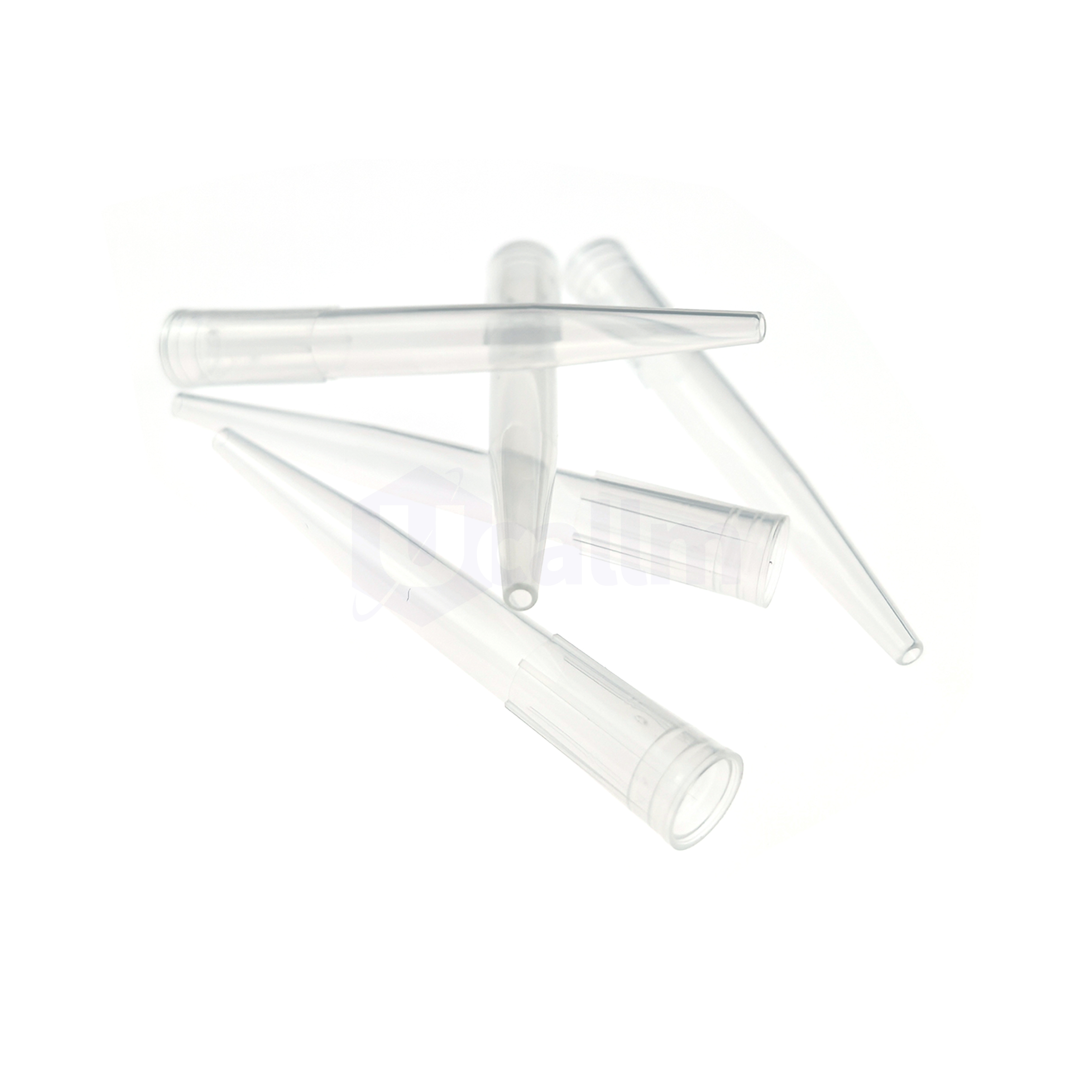 1000µL Wide-bore Pipette Tips, Clear, Non-filtered, Non-sterile, Bagged-6 Several clear plastic pipettes stacked on a white background, overlapping each other.