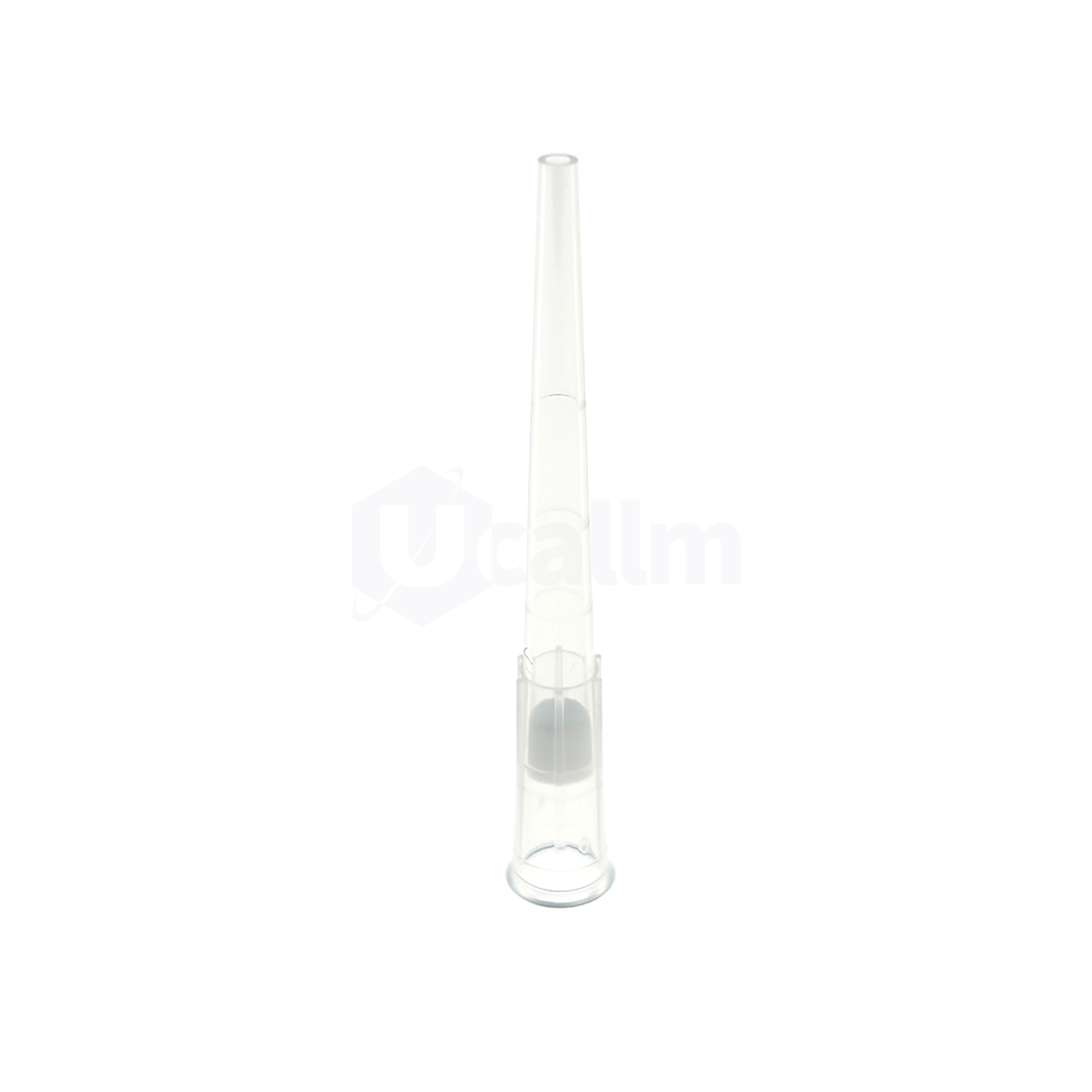 200µL Low Retention Wide-bore Filter Pipette Tips, Clear, Filtered, Non-sterile, Bagged-2 Clear glass dropper standing upright against a white background, showing its tapered tip and bulb at the base.