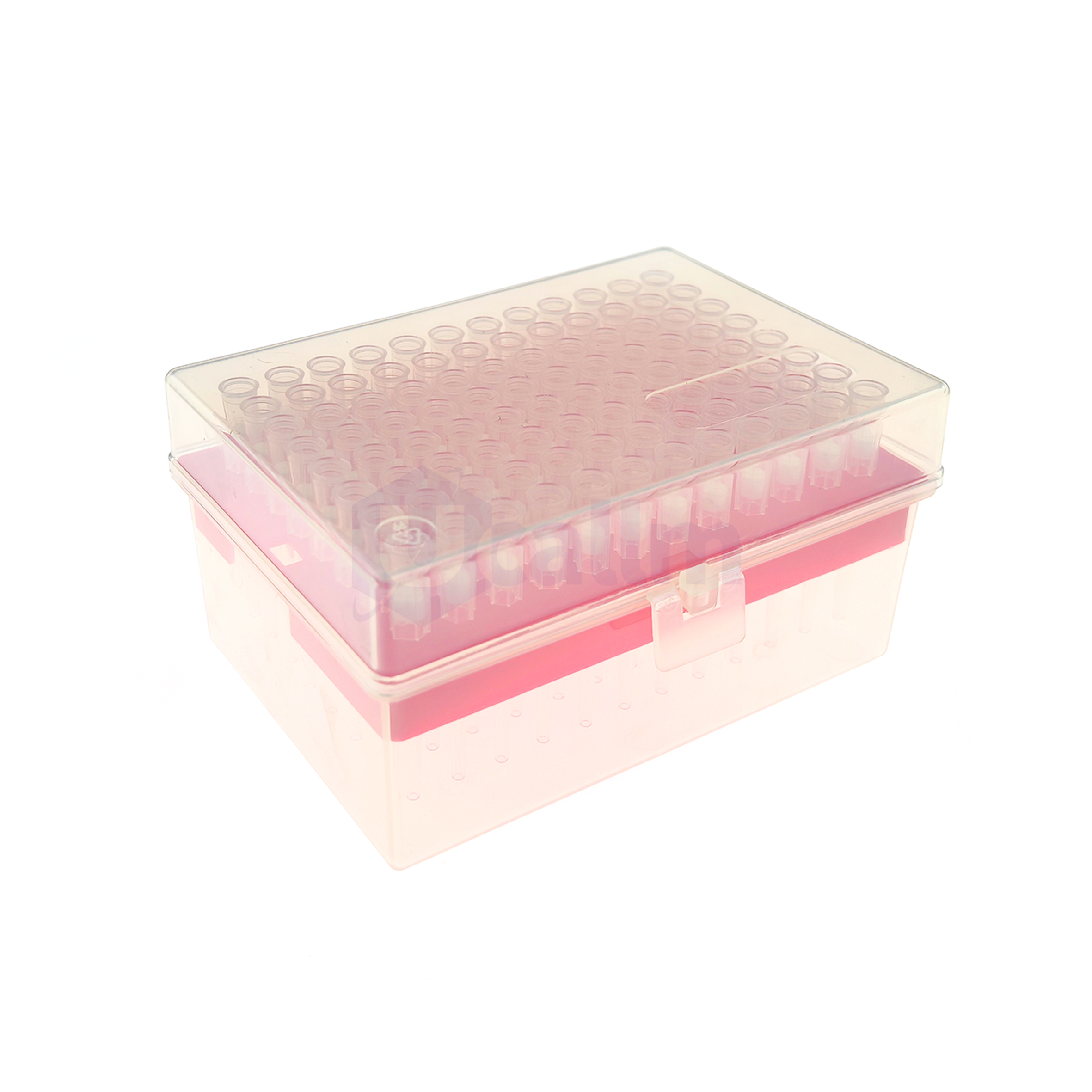 200µL Wide-bore Filter Pipette Tips, Clear, Filtered, Sterile, Racked-2 Transparent pink 96-well microplate containing pink liquid, viewed at an angle.