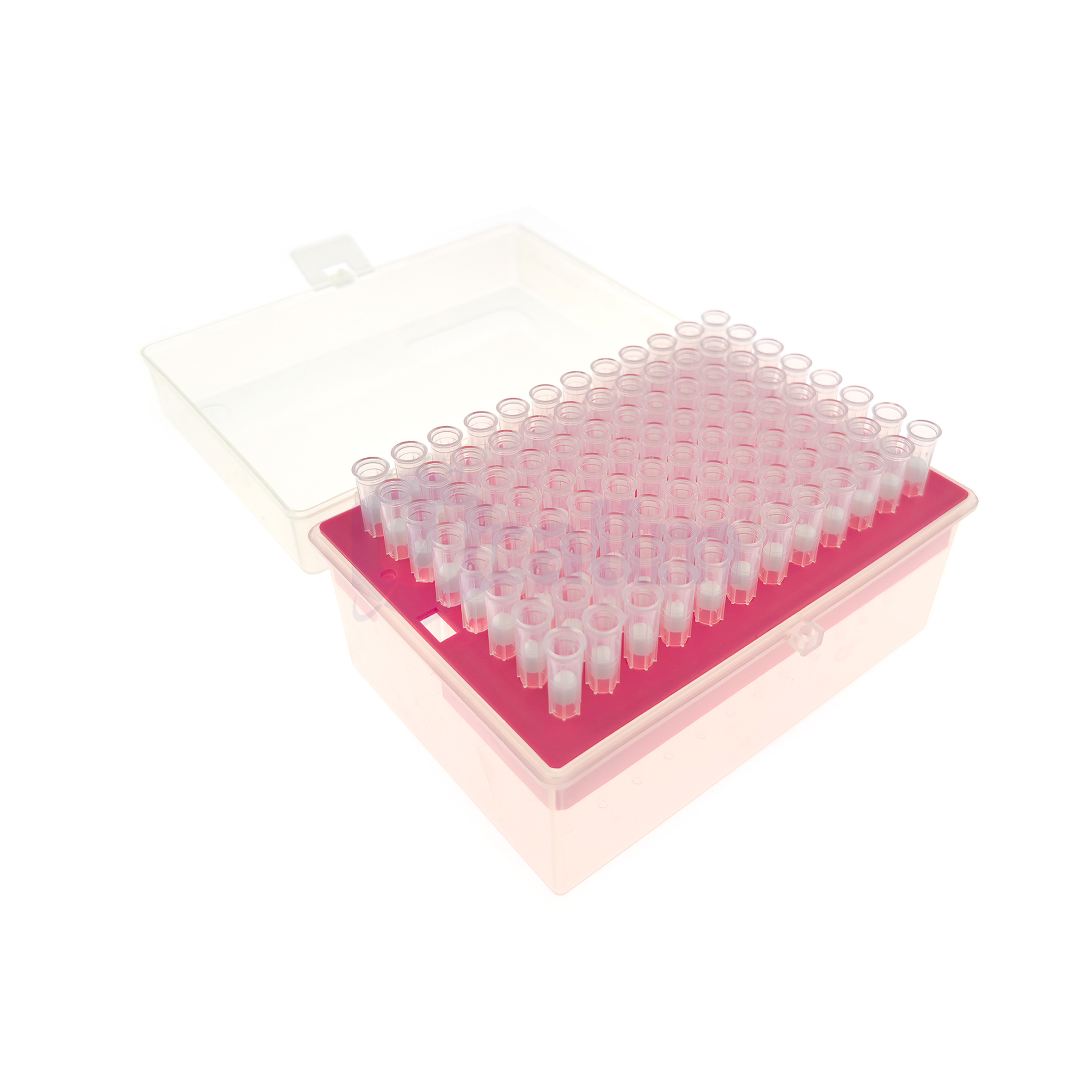 200µL Wide-bore Filter Pipette Tips, Clear, Filtered, Sterile, Racked-3 Clear lab storage box holding a pink rack filled with many small transparent microcentrifuge tubes.