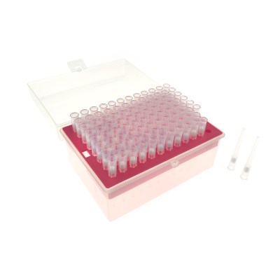 Clear plastic storage box with a pink-tinted rack holding many small transparent microcentrifuge tubes in neat rows; lab setting implied by tubes and lid.
