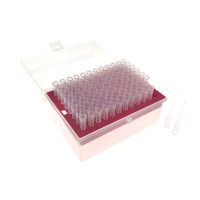 Open plastic box containing a red rack filled with many small clear microcentrifuge tubes, some with pink liquid inside.