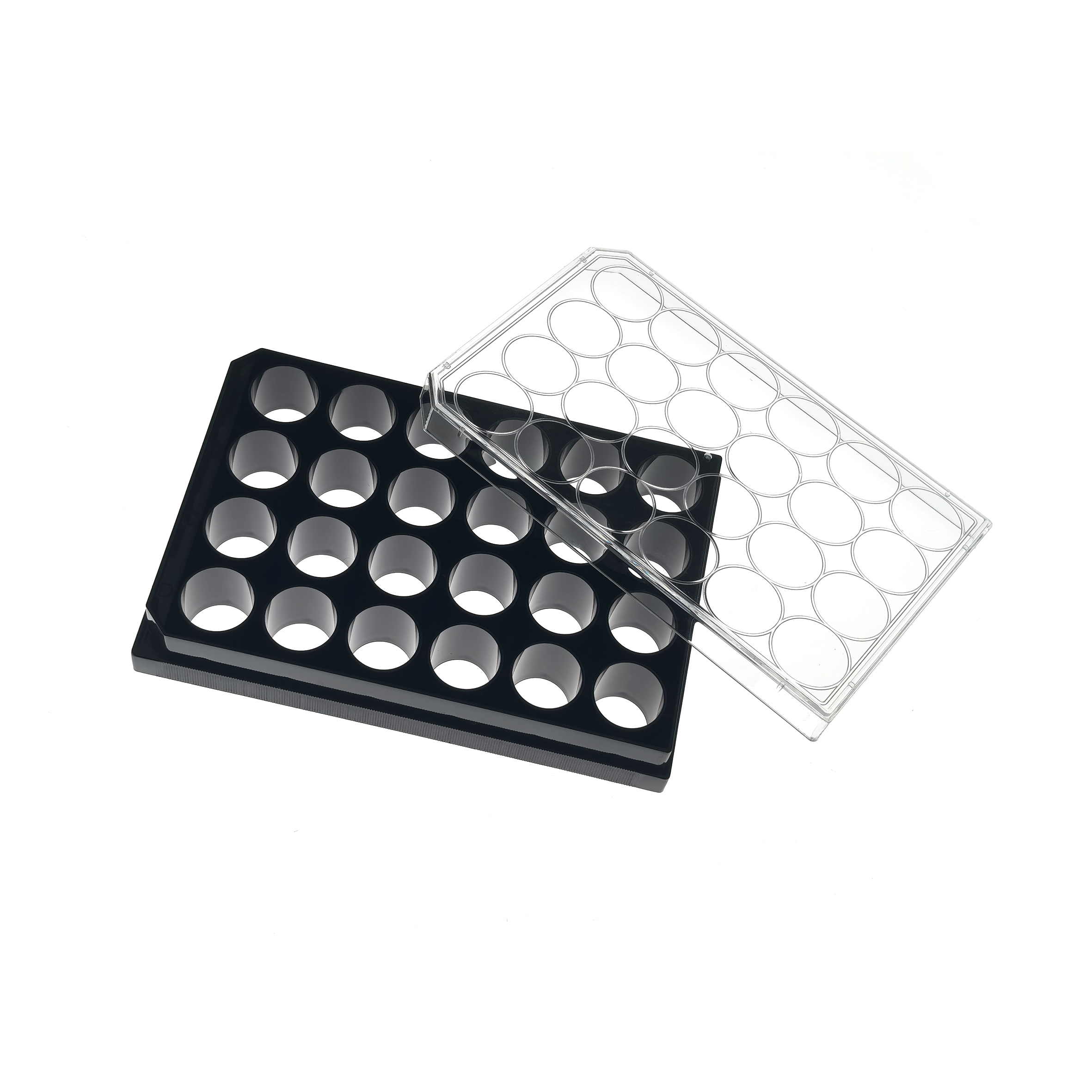 24 Well glass bottom plate (3) Black and clear acrylic tube racks with round wells for test tubes, tilted diagonally on a white background.