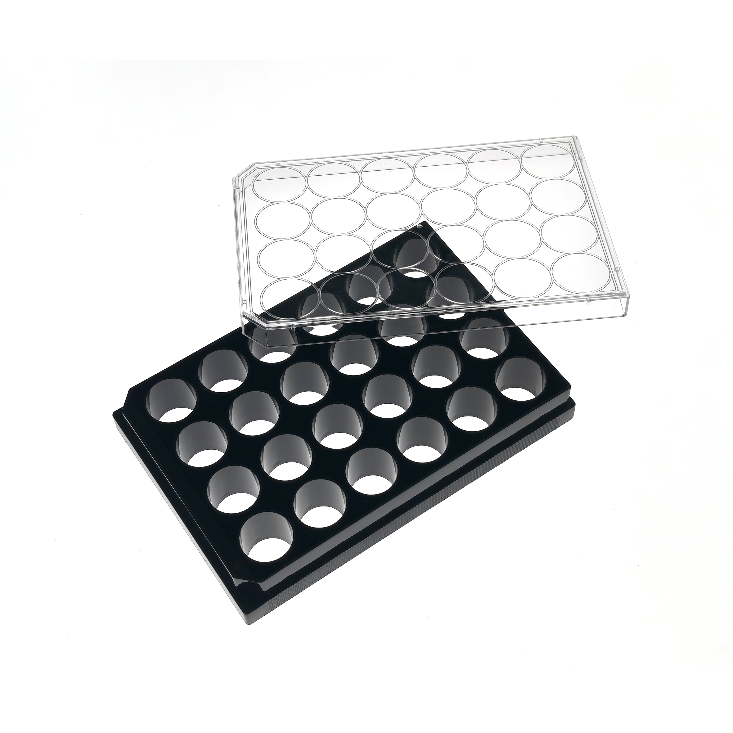 24 Well glass bottom plate (4) Two angled plastic trays with many circular wells, one clear on top of a black tray.