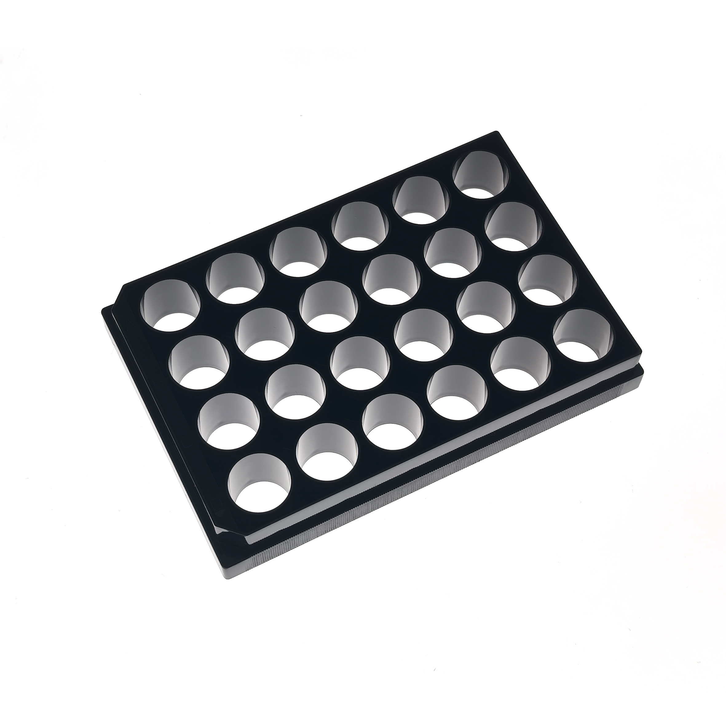 24 Well glass bottom plate (5) Black plastic test tube rack tilted diagonally, showing multiple circular empty slots for tubes.