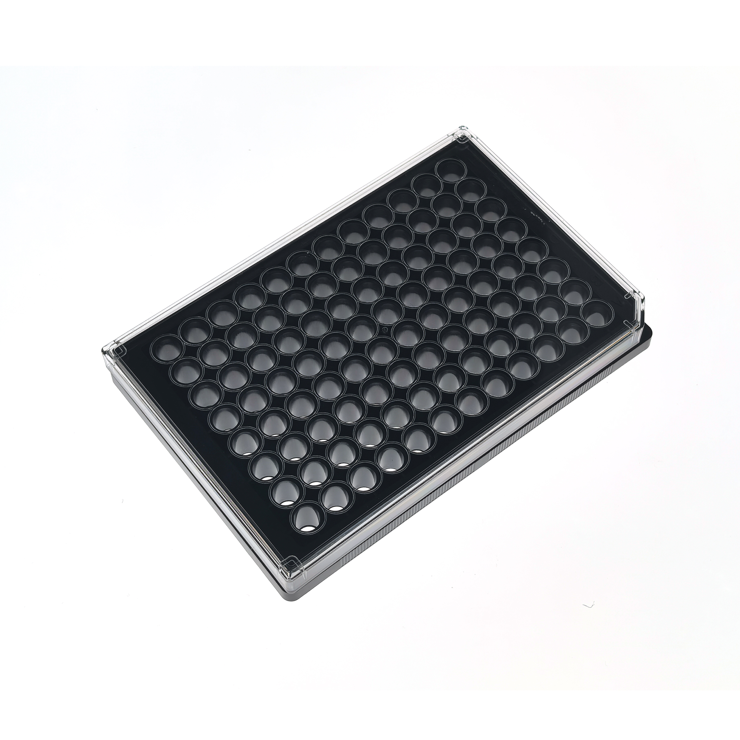 96 Well glass bottom plate (2) Black plastic 96-well microtiter plate inside a clear lid, viewed at an angle on white background.
