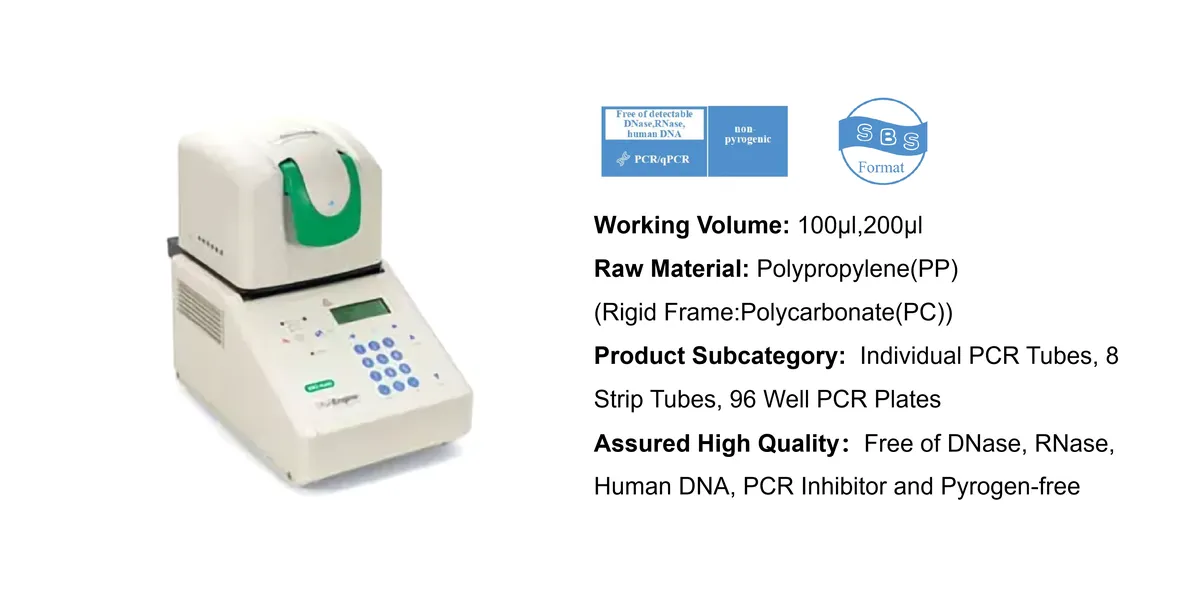 PCR thermocycler (PCR machine) with a green-lidded block on the left; to the right is a panel of product specs (volume, materials, plates).