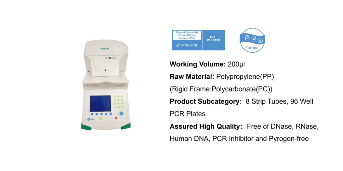 PCR instrument with a blue screen on the left and specification text on the right outlining volume, materials, and plate format requestors might use on a product page.