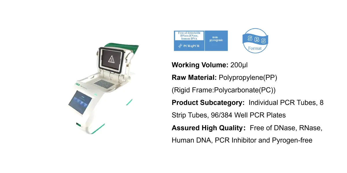 PCR instrument with a control display on its side, accompanied by a spec sheet listing Working Volume 200 μl and materials for individual PCR tubes and plates (informational product image).