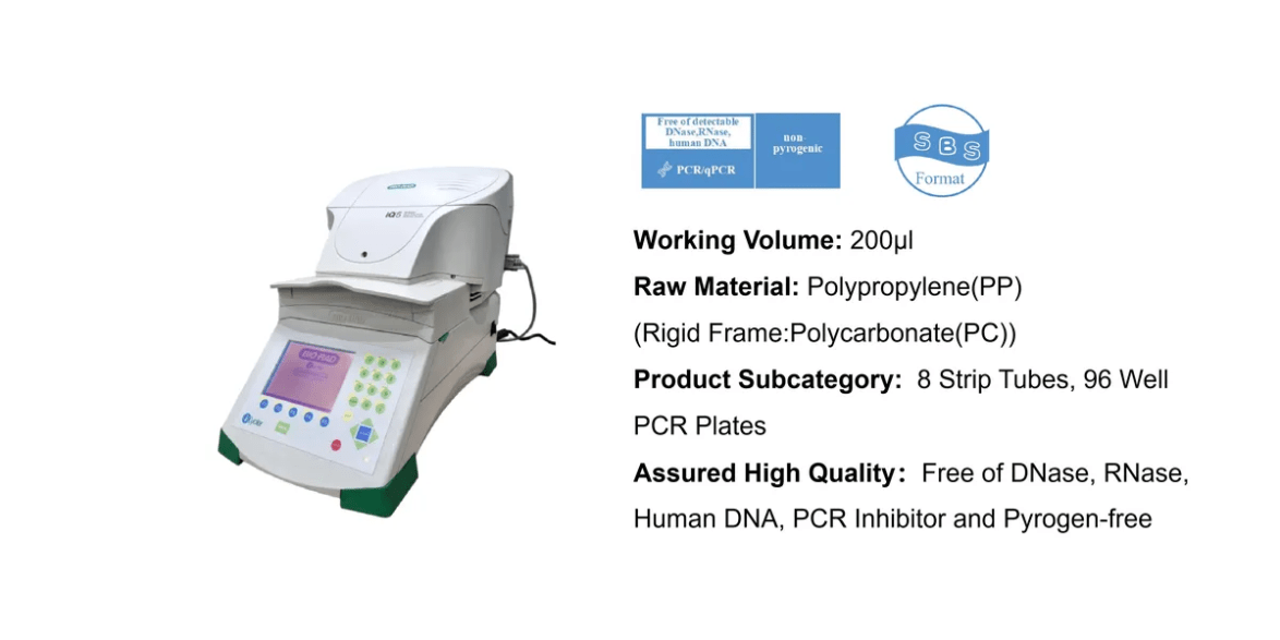 PCR thermocycler instrument with a color display and keypad; specifications shown: 200 μl working volume, 8-strip tubes/96-well plates, DNase/RNase-free.
