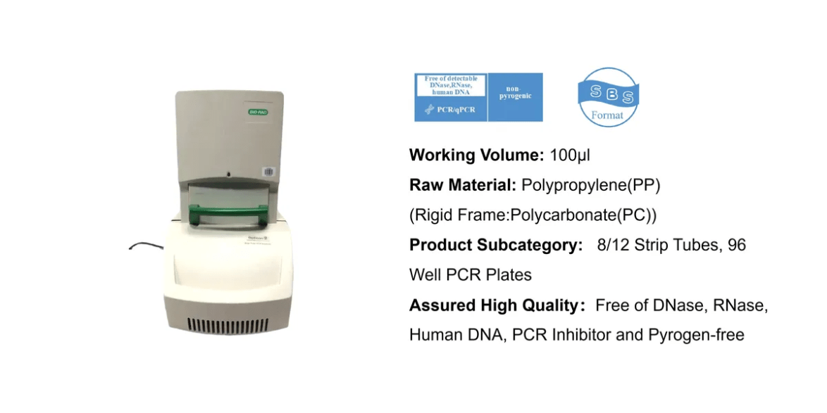 PCR thermal cycler (lab DNA amplifier) with a green insert on the lid, shown beside a text panel of specs and blue logos on the right, indicating 100 μl volume and materials.