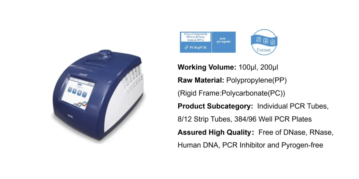 Blue benchtop PCR thermocycler with touchscreen display beside product specifications panel.