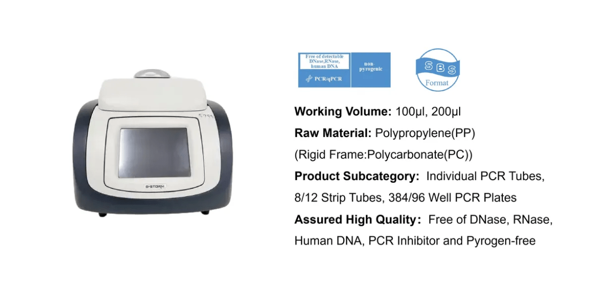 Beige benchtop PCR thermocycler on the left with a right-side panel listing specs (working volume, materials, subcategory, quality).
