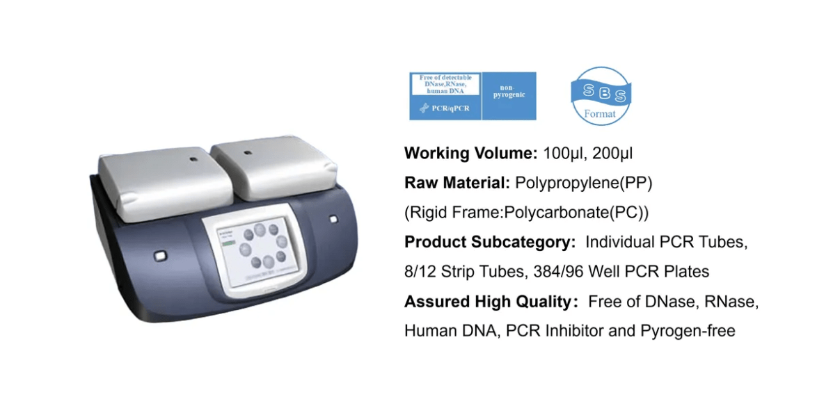 Thermal cycler with two white lids next to a touchscreen panel, showing PCR-related specifications list on the right (volume, materials, subcategory, quality).