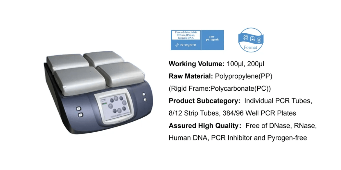 PCR thermal cycler with four sample blocks and a touchscreen, shown beside product specifications such as working volume, materials, and quality claims.