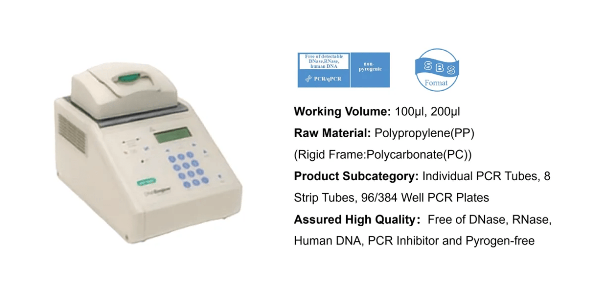 PCR thermal cycler with a spec sheet listing Working Volume 100 μl/200 μl and DNase/RNase-free quality (lab instrument).