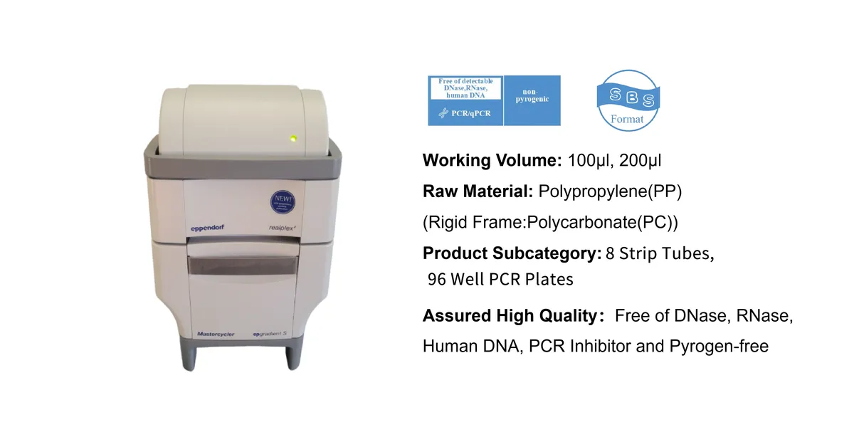 PCR thermal cycler (lab instrument) with specification text showing volume, materials, and quality claims on the right side.