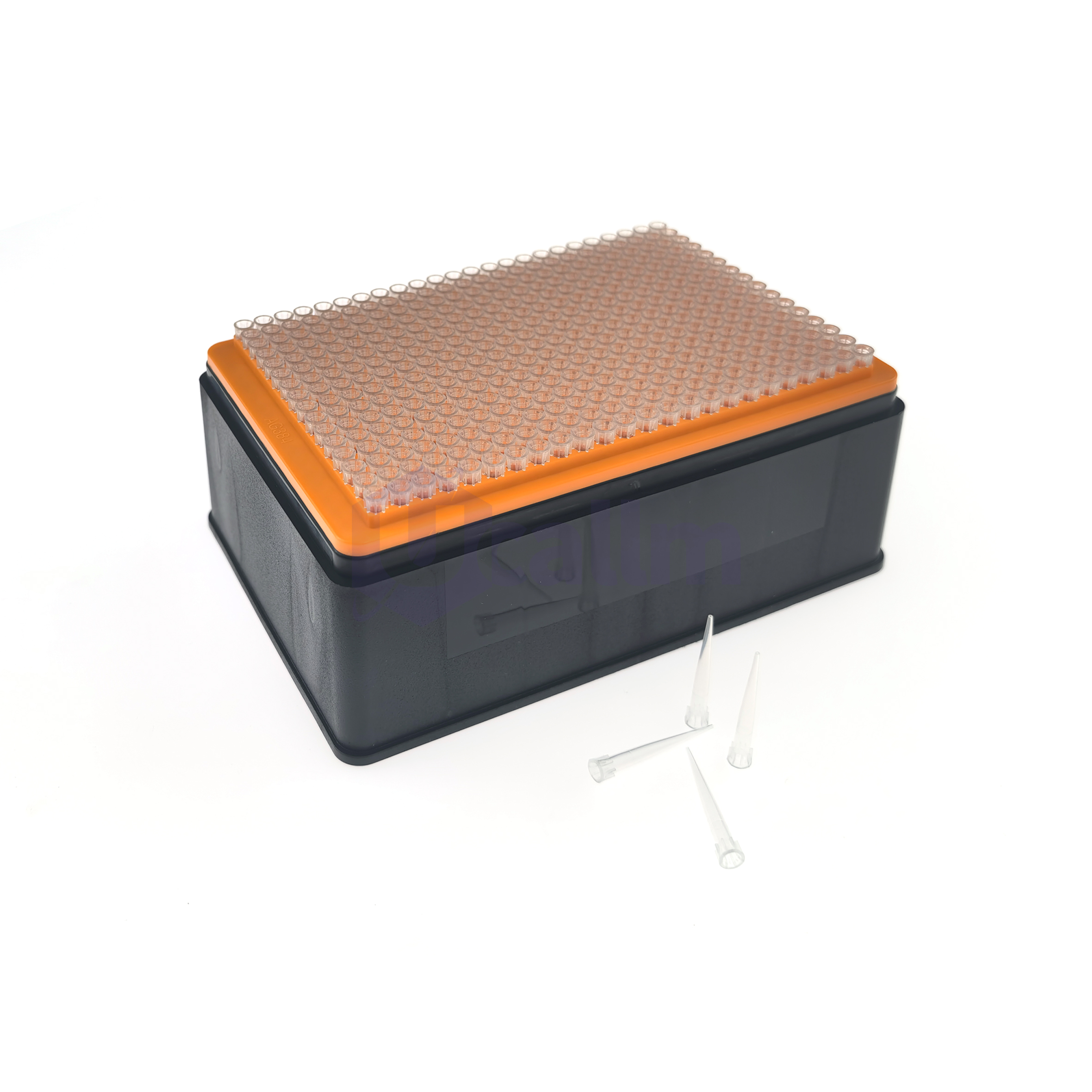 LA0301 30µL Automation Tips Compatible with Agilent-1 (2) 96-well microplate with clear wells and an orange lid resting on a dark storage base; lab pipette tips seen nearby.