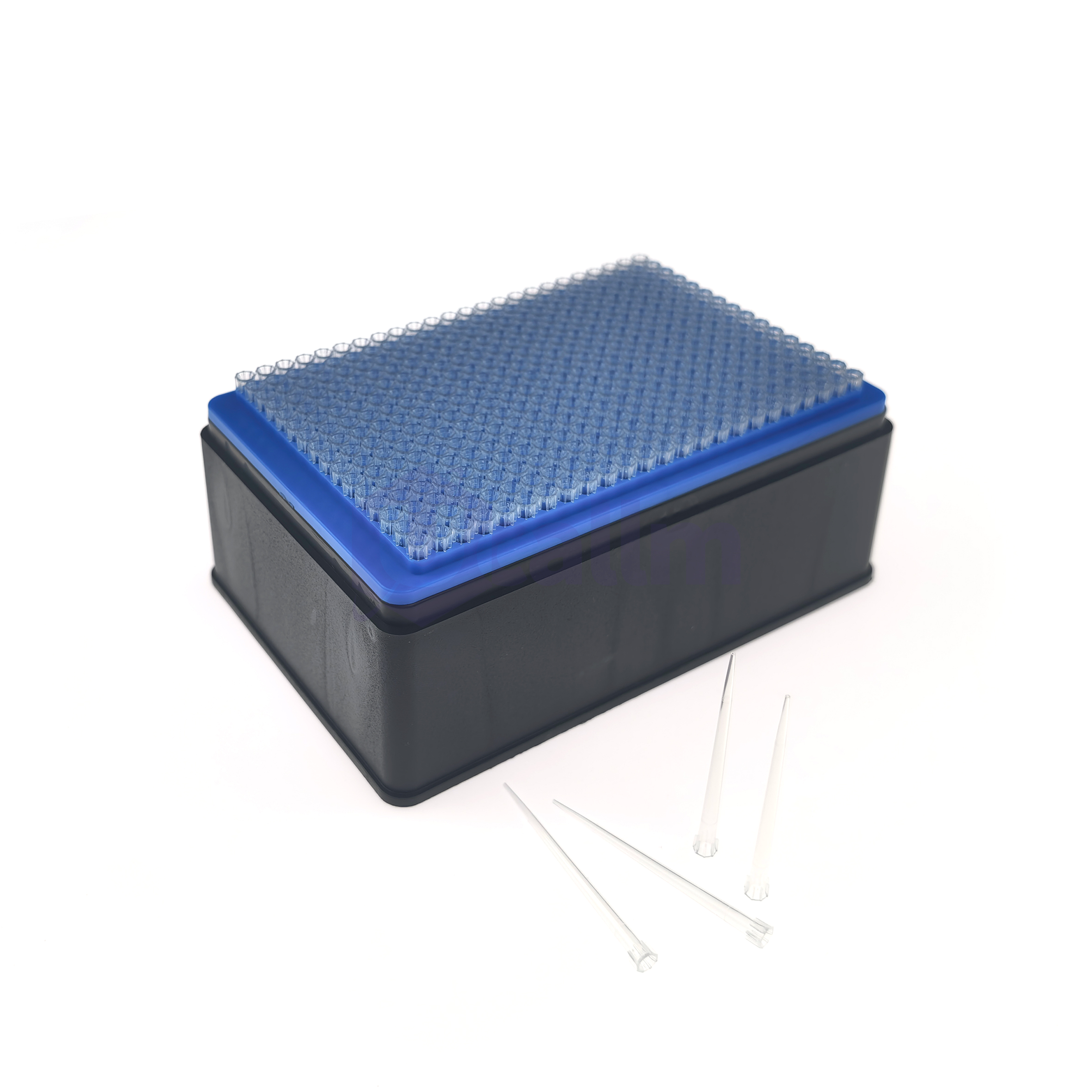 LA0702 70µL Automation Tips Compatible with Agilent-1 (2) Blue and black plastic device with a textured blue top surface and several clear cable ends nearby on a white background.