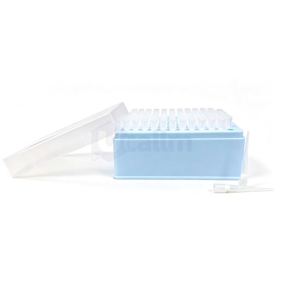 Blue lab storage box with rows of white pipette tips visible, and a clear lid resting nearby on a white surface.