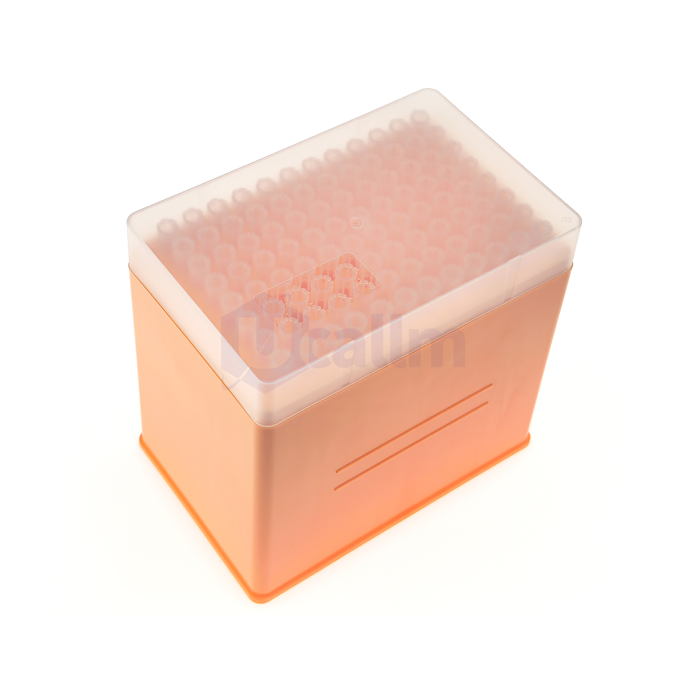 LB9003 1000µL Automation Tips Compatible with Beckman-1 (2) Peach-colored storage box with a clear lid revealing many small pink beads inside.