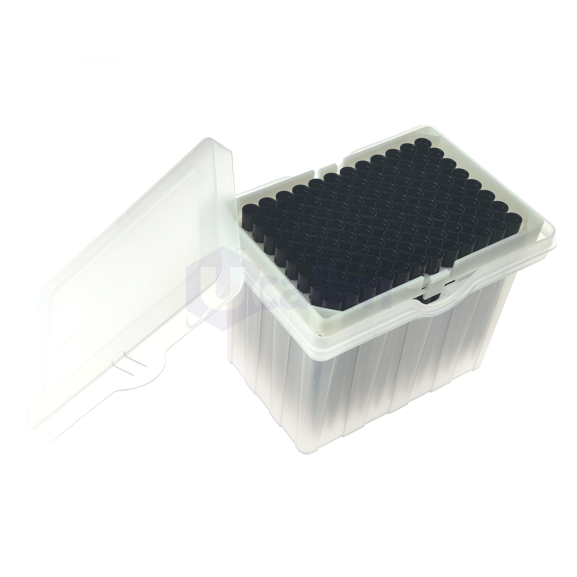 LH9025 1000µL Automation Tips Compatible with Hamilton-1 (1) Transparent plastic storage box open to reveal a 96-well black microtiter plate inside