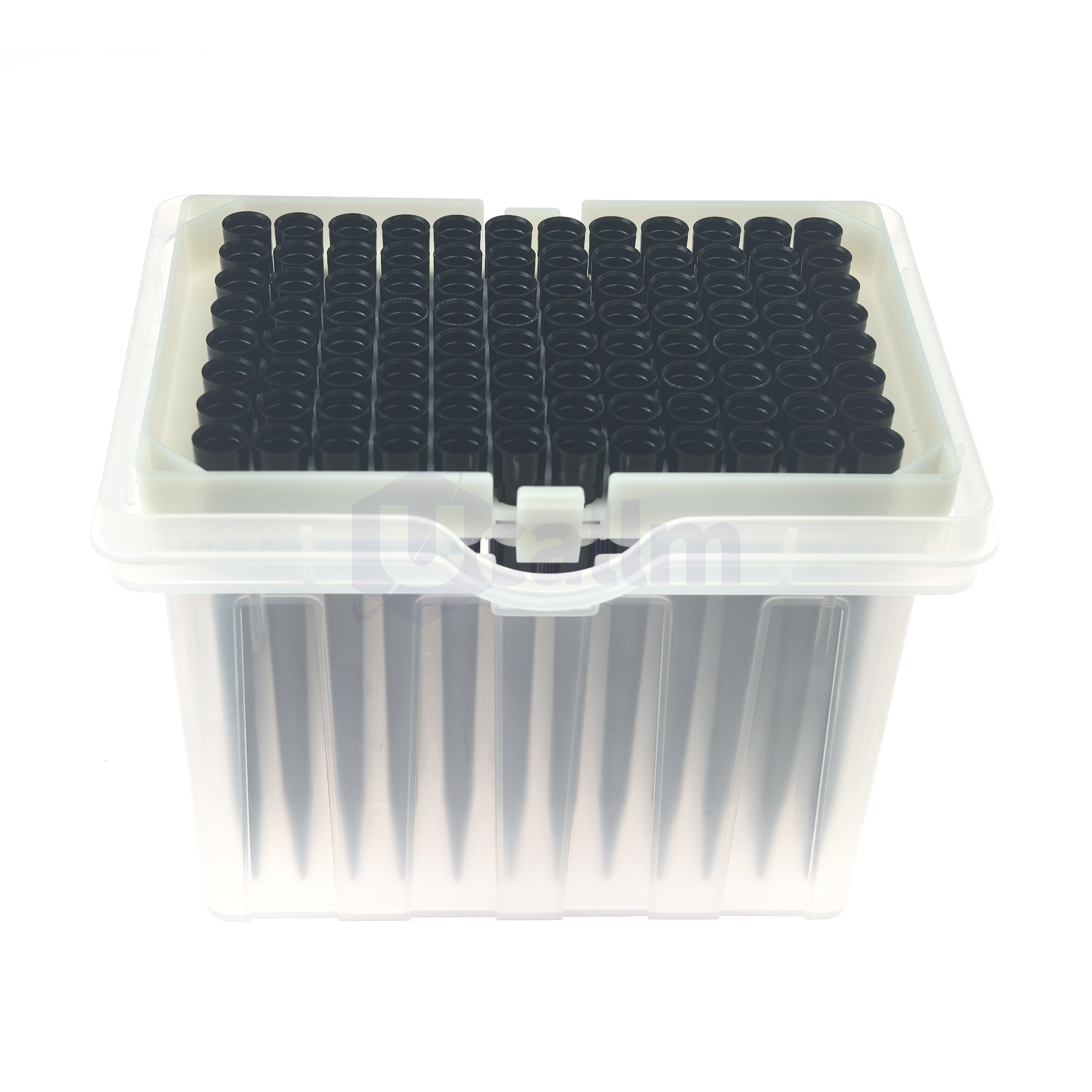 LH9025 1000µL Automation Tips Compatible with Hamilton-1 (2) Plastic storage box containing a grid of black-capped microcentrifuge tubes (96-well arrangement) for samples.