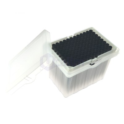 Open white storage box with a tray of black-capped microcentrifuge tubes arranged in rows.