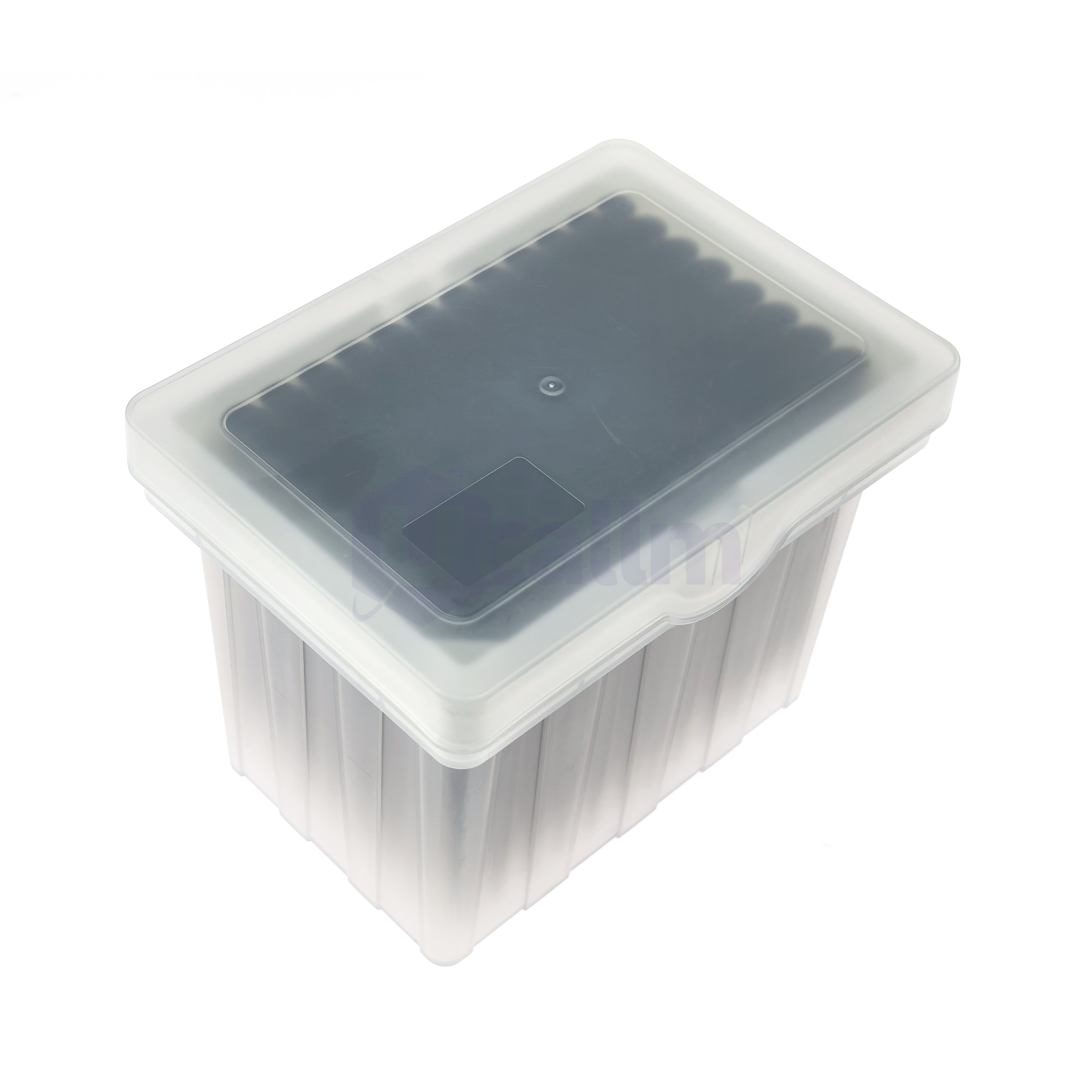 LH9026 1000µL Automation Tips Compatible with Hamilton-1 (3) Clear plastic storage container with a matching lid, shown from a diagonal corner view.