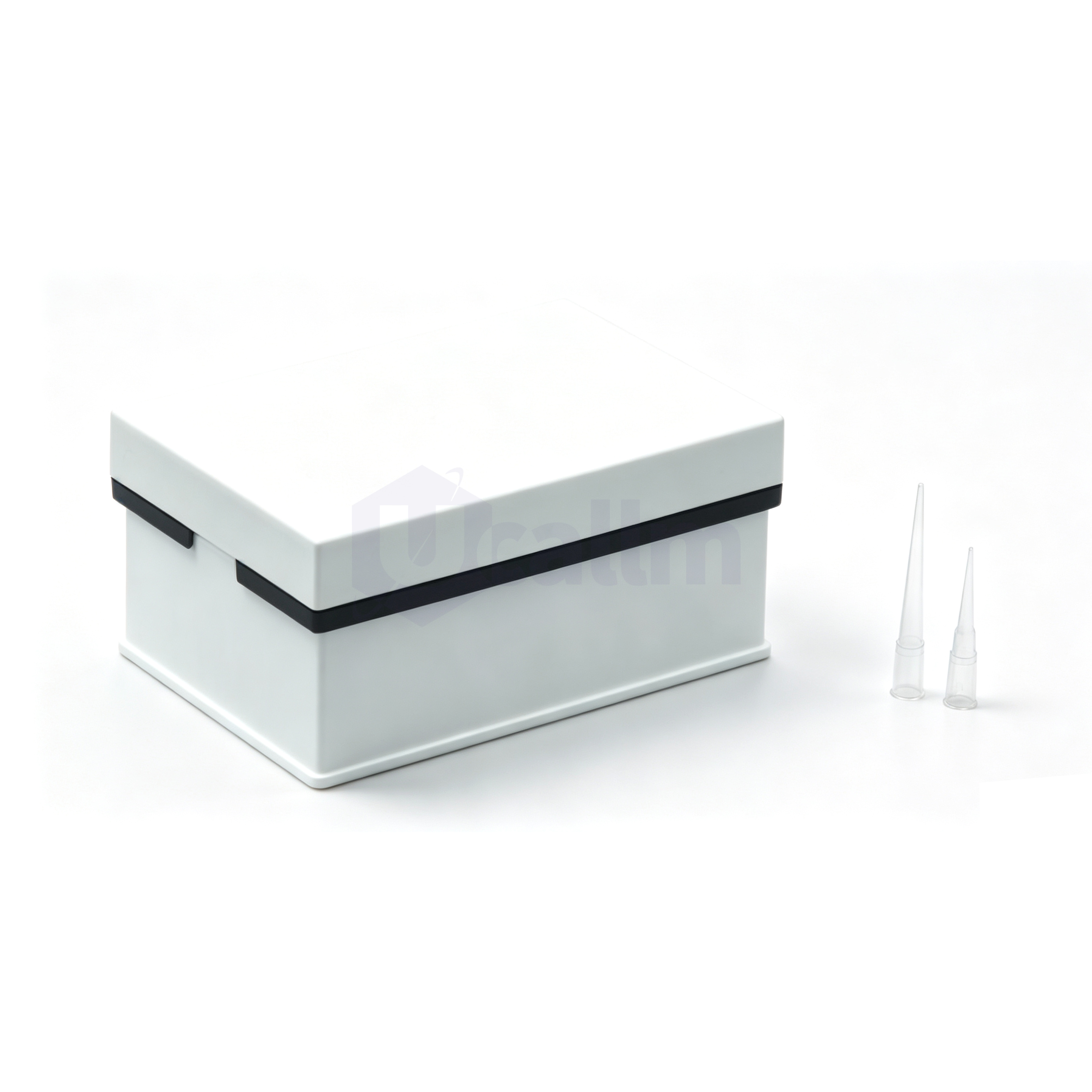 LM0505 50µL Automation Tips Compatible with Tecan MCA-1 White rectangular box with black trim sits on a white surface, with several clear plastic pipettes arranged to the right.