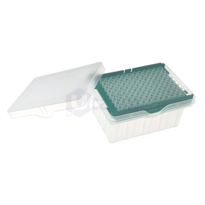 Transparent lab storage box with a green insert holding rows of small sterile tubes (microcentrifuge tubes) in a rack.