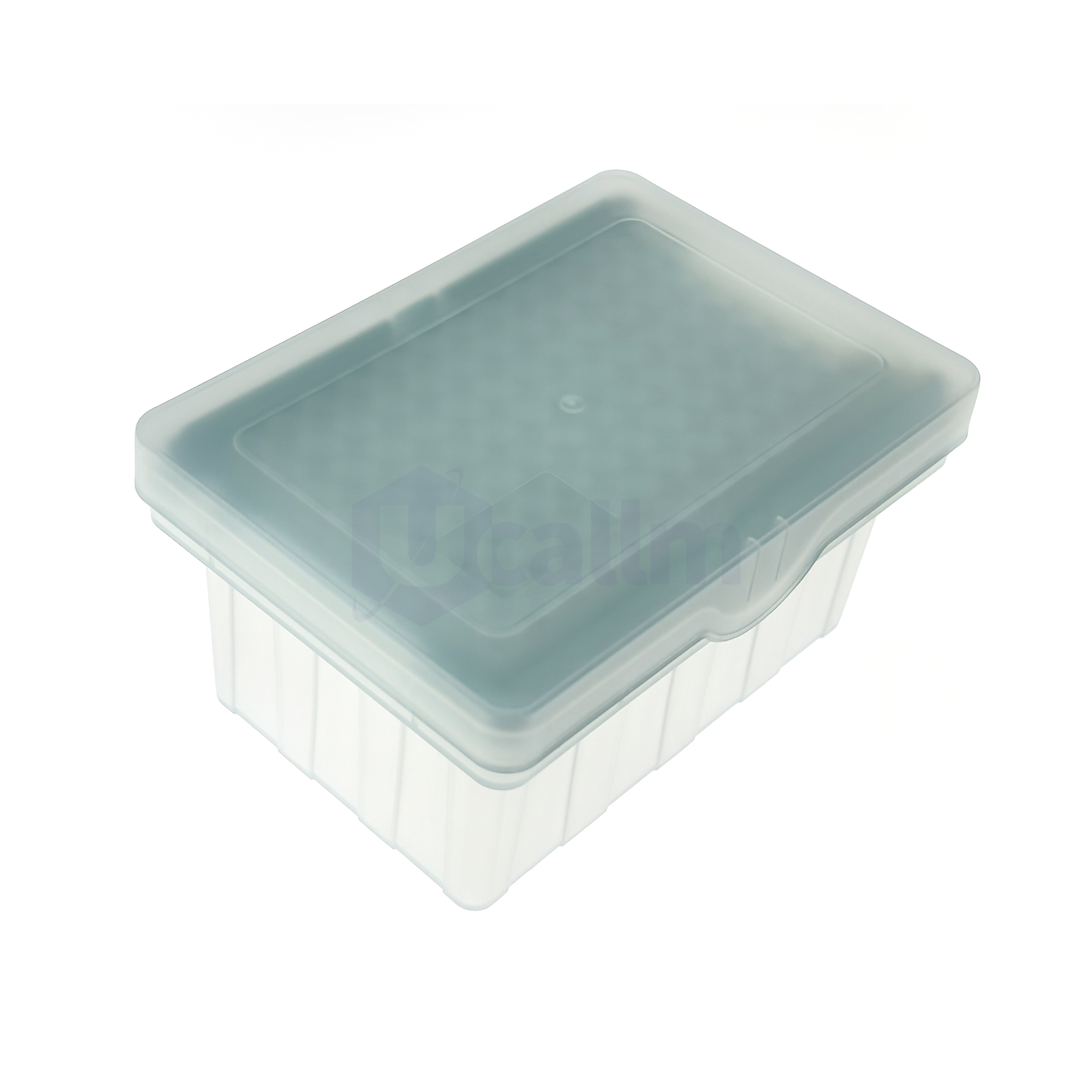 LT0522 50µL Automation Tips Compatible with Tecan-1 (2) Close-up of a pale blue translucent plastic storage container lid with rounded corner edges view from above