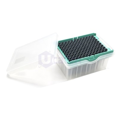 Open plastic storage box with a green insert holding many capped microcentrifuge tubes in neat rows