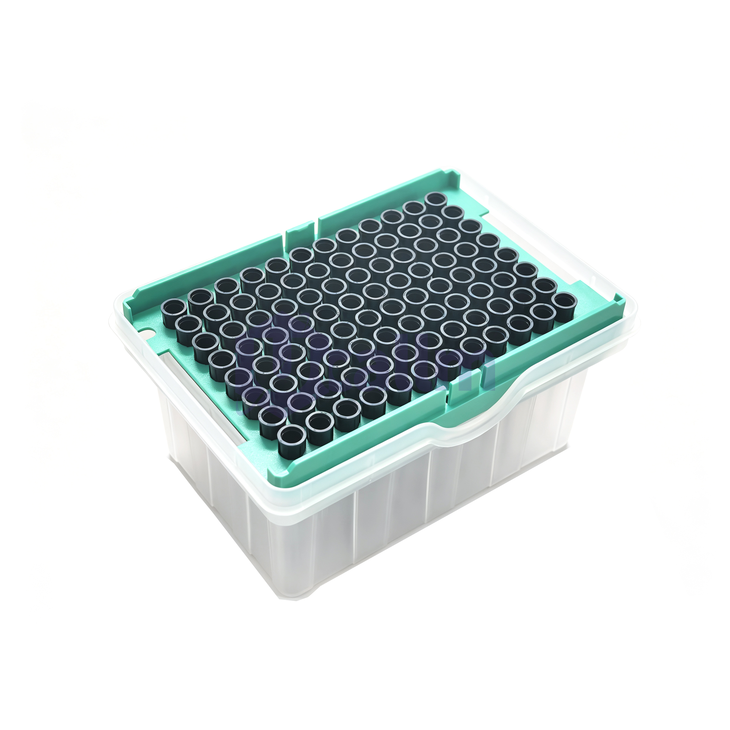 LT0543 50µL Automation Tips Compatible with Tecan-1 (2) Teal rack holding numerous black-capped microcentrifuge tubes arranged in rows in a white container.