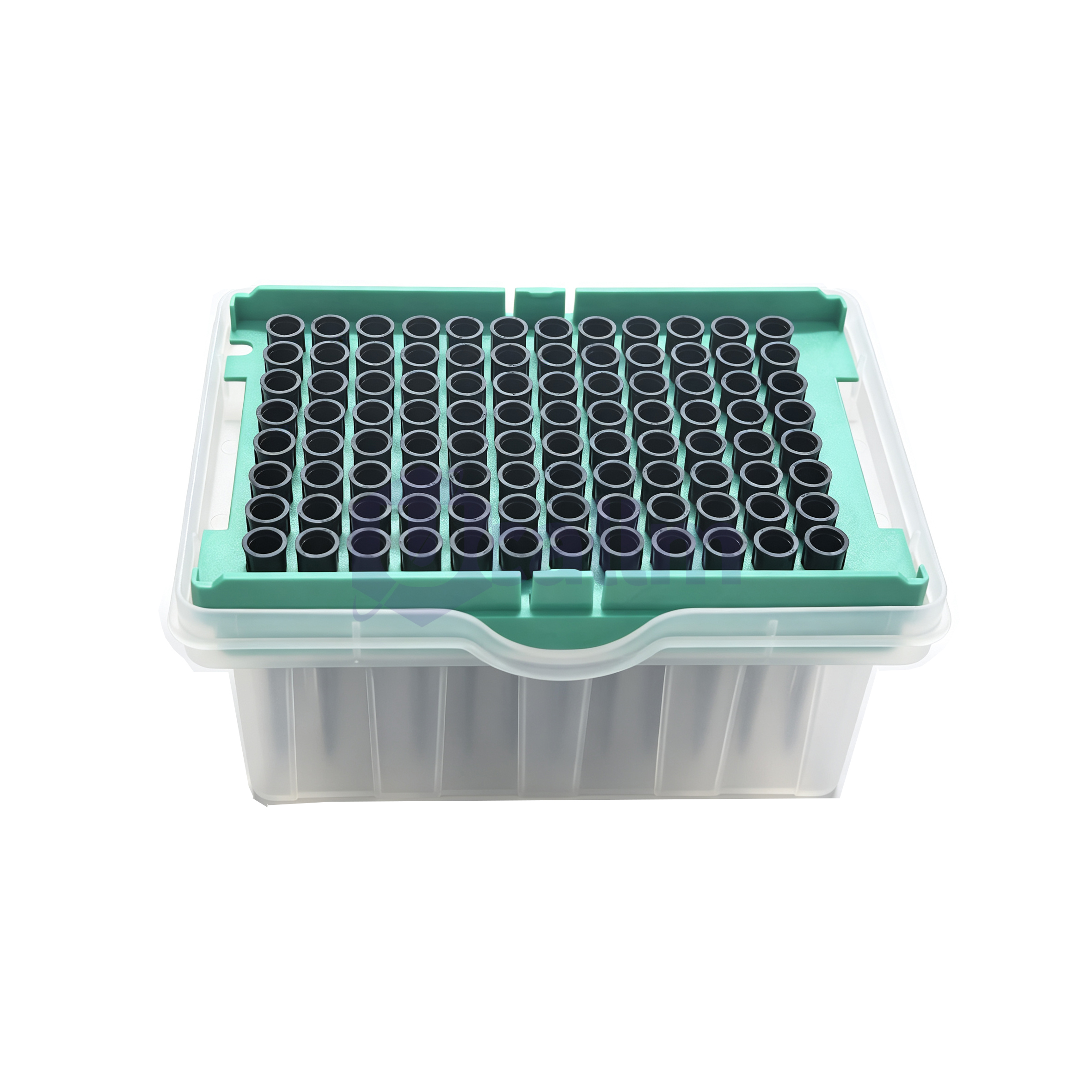 LT0543 50µL Automation Tips Compatible with Tecan-1 (3) Green plastic tray holding rows of empty black-walled wells (96-well plate) for lab assays.