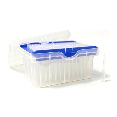 Transparent plastic lab storage box with a blue rack holding small tubes or vials laid inside the case, on a white background.