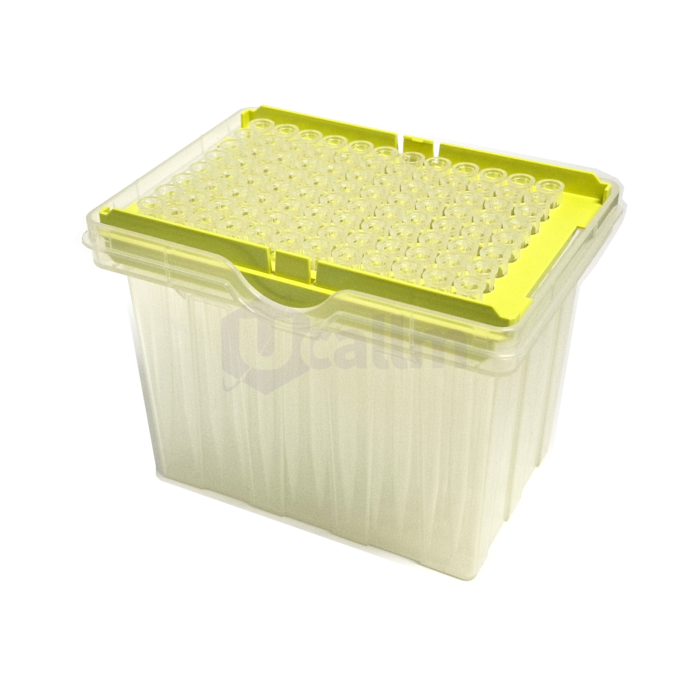 LT9011 1000µL Automation Tips Compatible with Tecan-1 (2) Clear lab storage box with a yellow lid holding a grid of small, transparent tubes (microcentrifuge tubes) for samples.